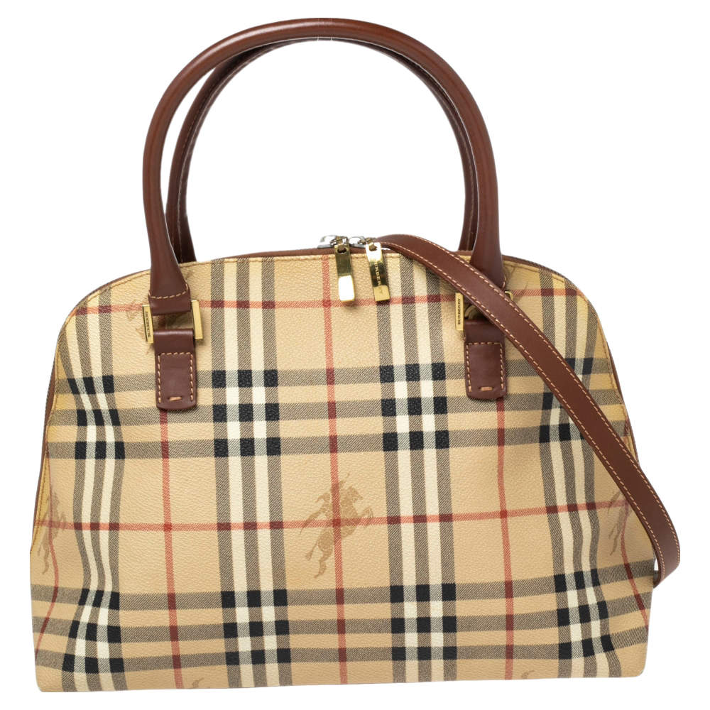 Burberry Beige/Brown Haymarket Check Coated Canvas And Leather Alma Plaid  Satchel Burberry