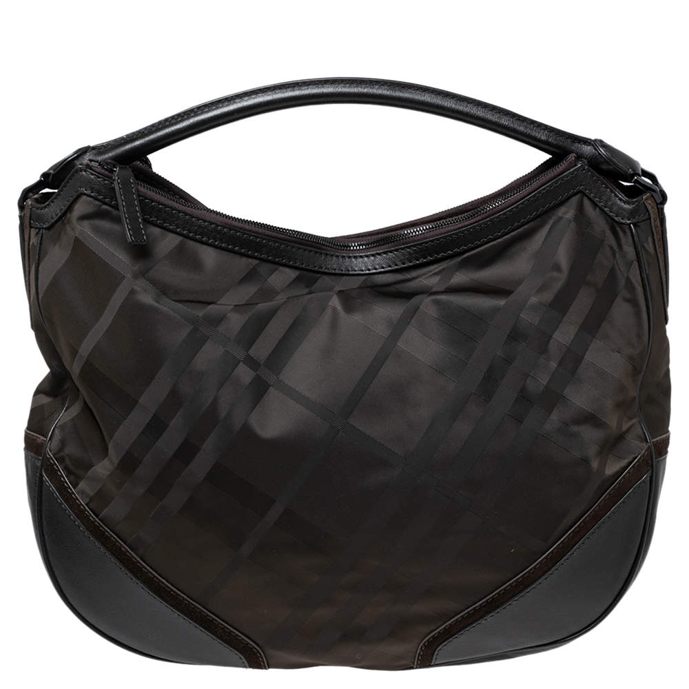 Pre Owned Burberry Dark Brown House Check Nylon and Leather Double Zip Hobo