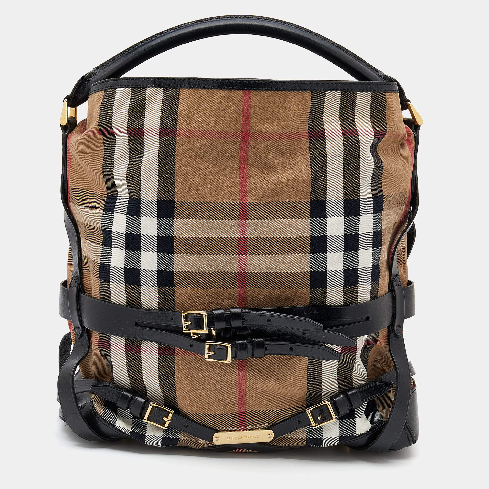 Pre Owned Burberry Beige/Black House Check Canvas and Leather Medium Bridle Gosford Hobo