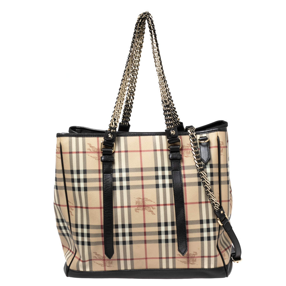مملوكة مسبقًا Burberry Beige/Dark Brown Haymarket Check Coated Canvas And Leather Multi Chain Tote