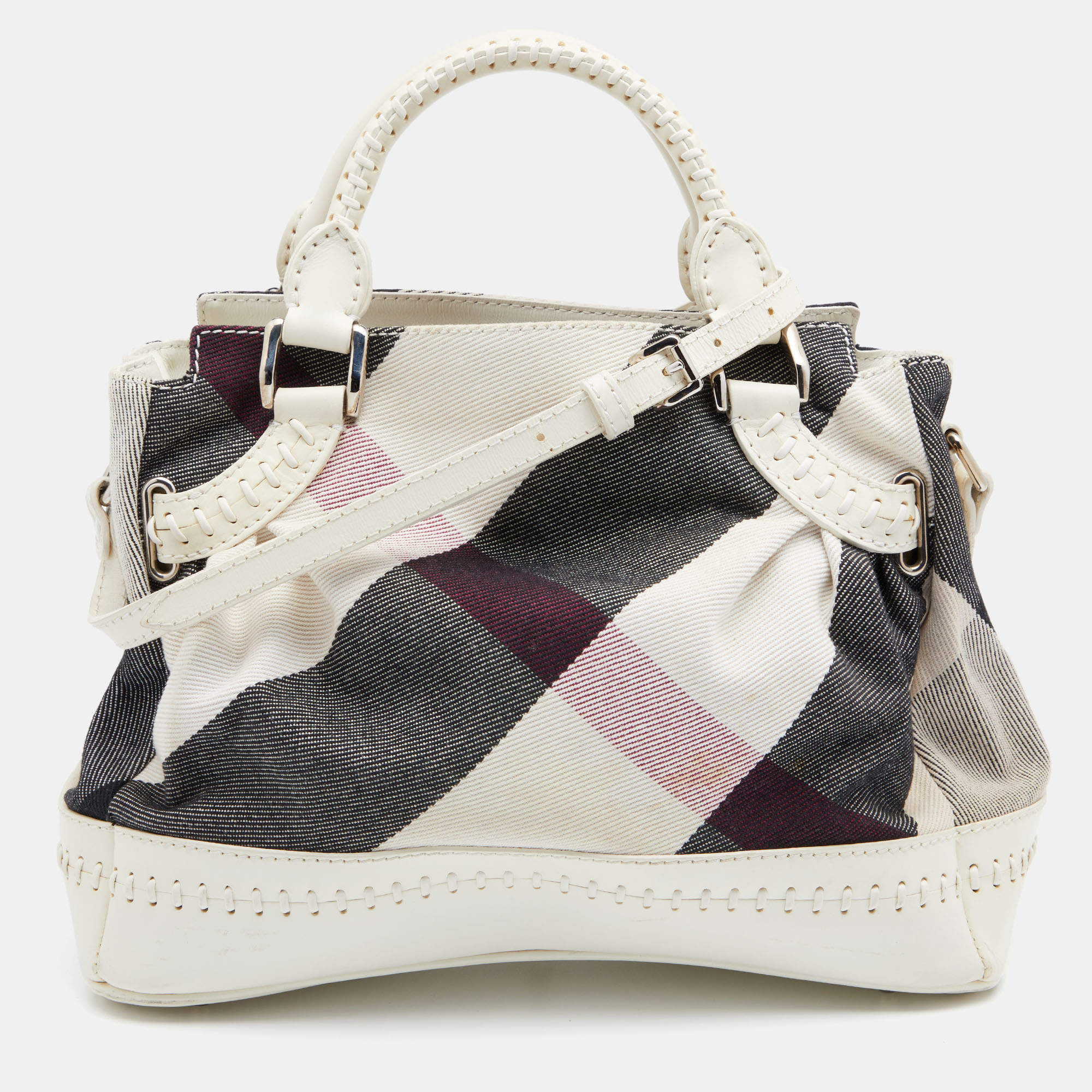 Burberry Off White Leather and Mega Check Canvas Tote Burberry TLC