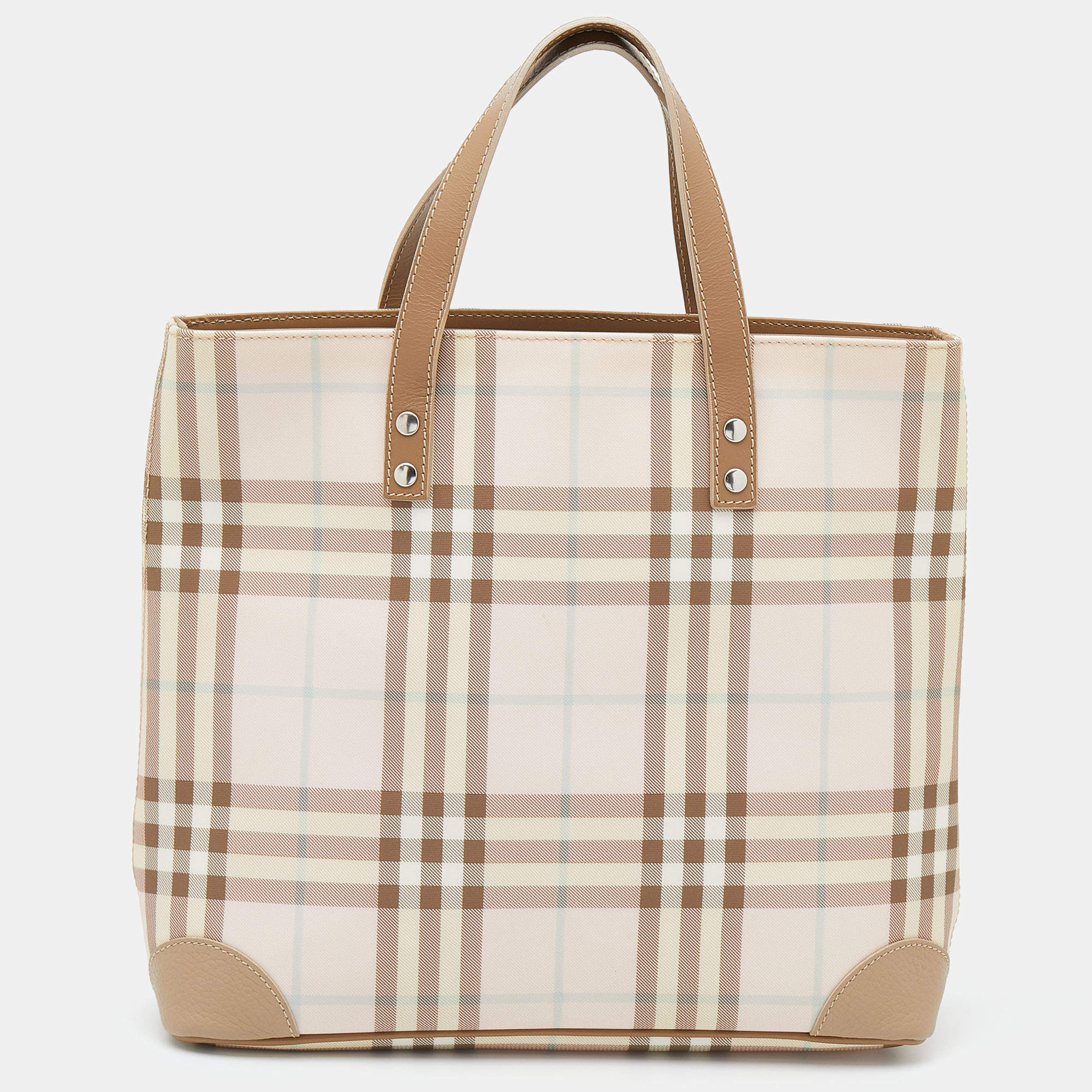 مملوكة مسبقًا حقيبة يد بربري جلد وكانفاس مقوى بيج / وردية فاتحة كاروهات نوفا 