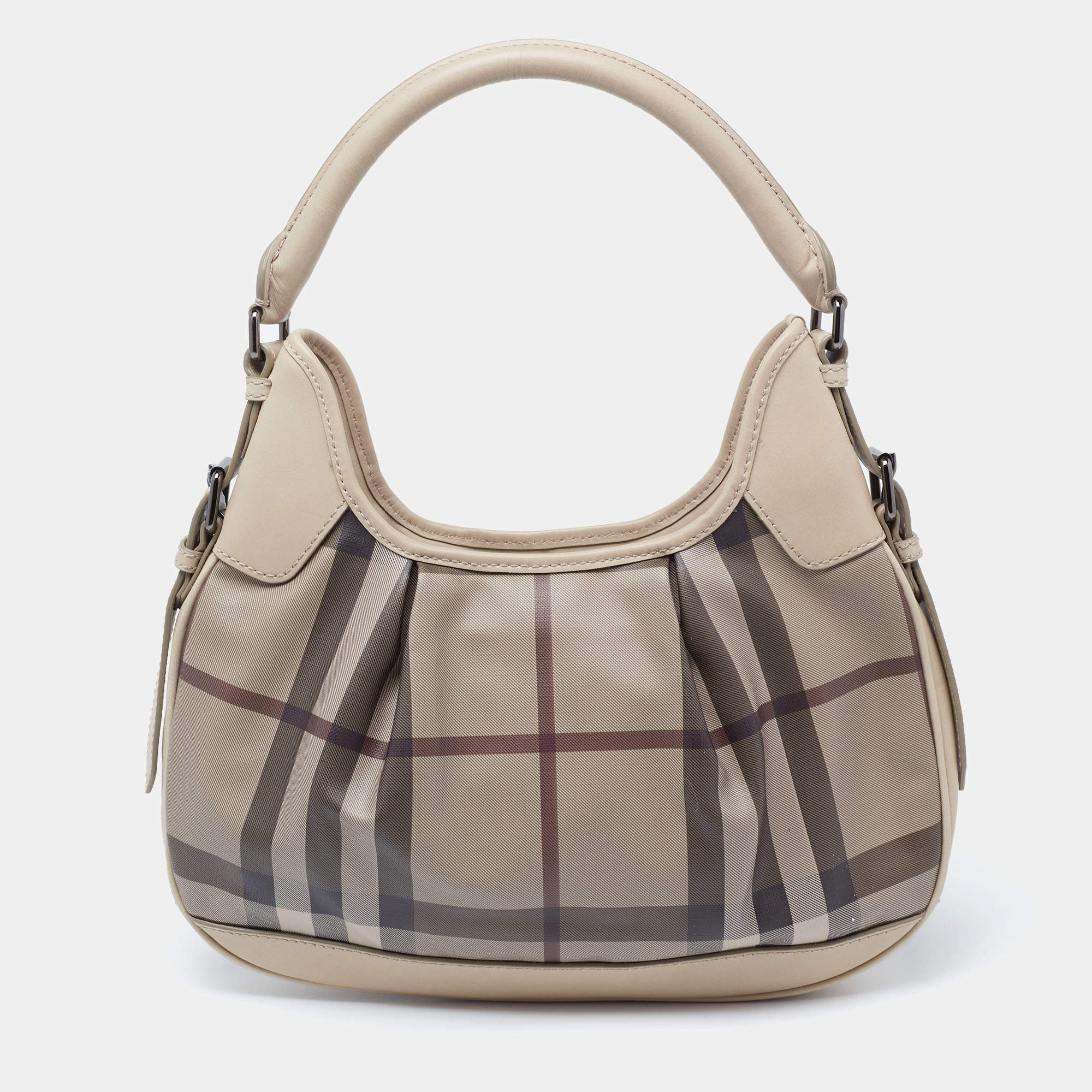 Pre Owned Burberry Grey Smoked Check PVC and Leather Small Brooklyn Hobo