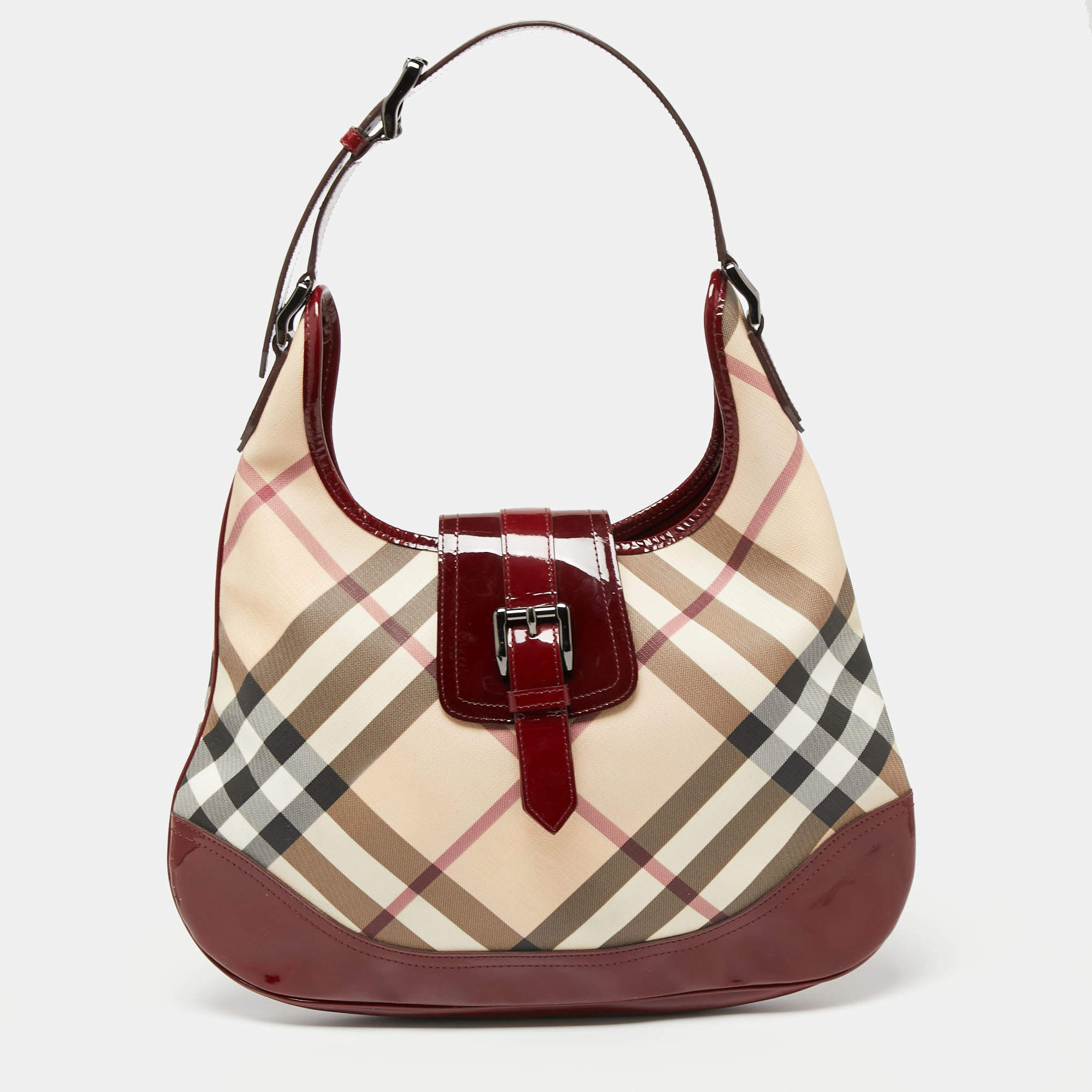 Pre Owned Burberry Red/Beige Nova Check PVC And Patent Leather Brooke Hobo