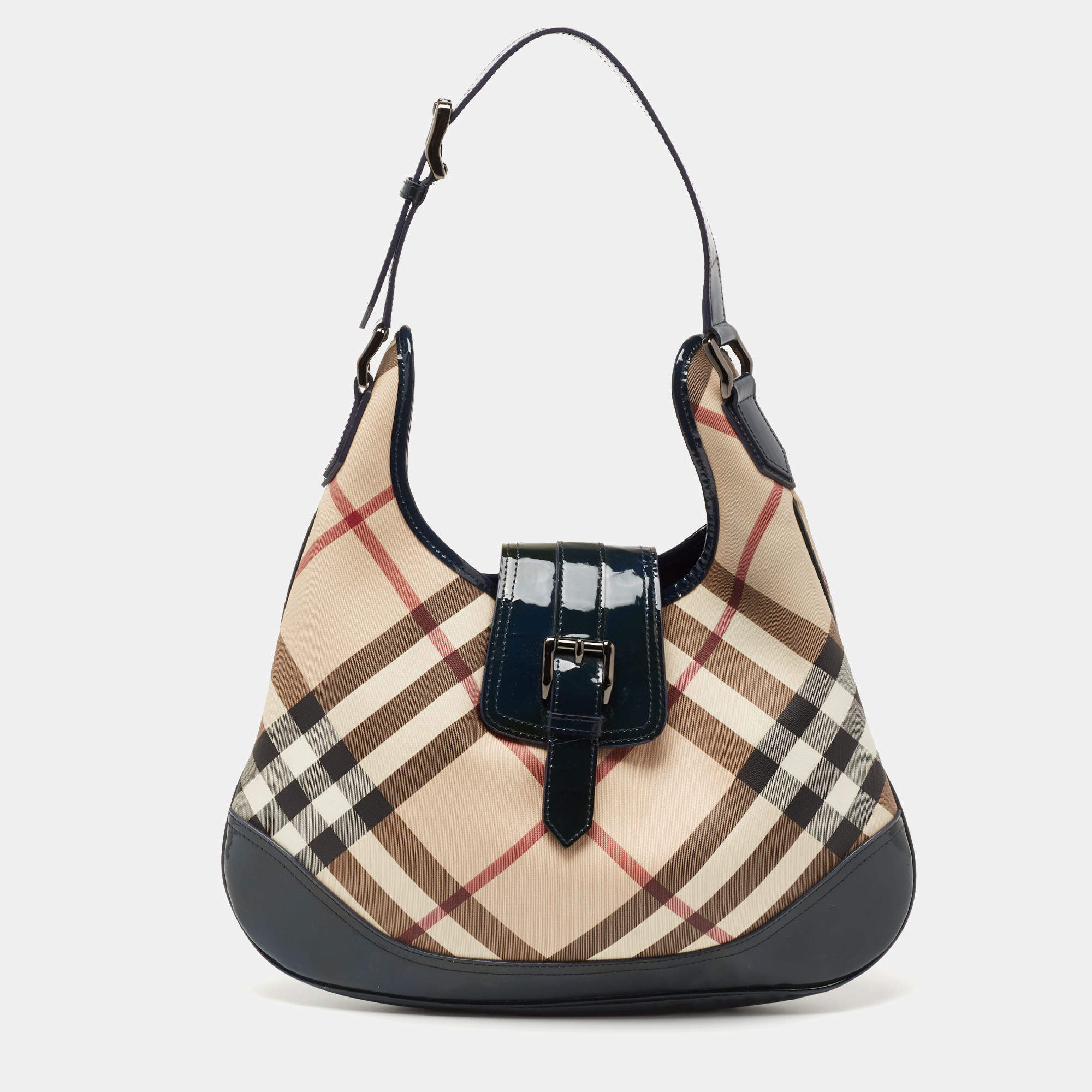 Burberry Blue/Beige Super Nova Check PVC And Patent Leather Brooke Hobo ...