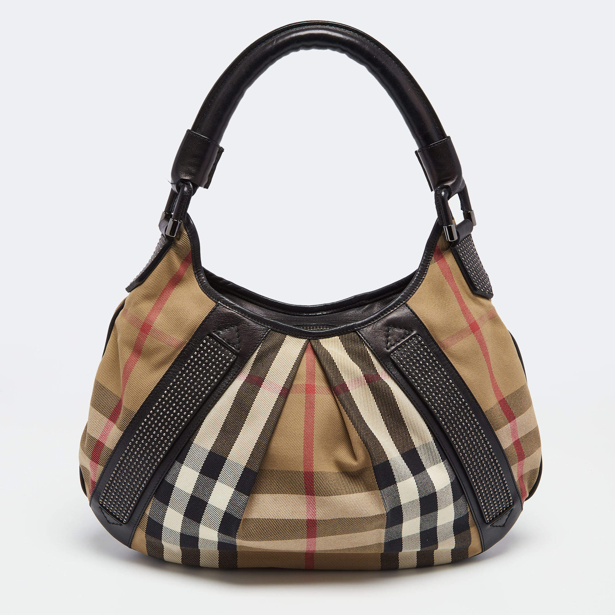Pre Owned Burberry Black/Beige House Check Canvas and Leather Phoebe Studded Hobo