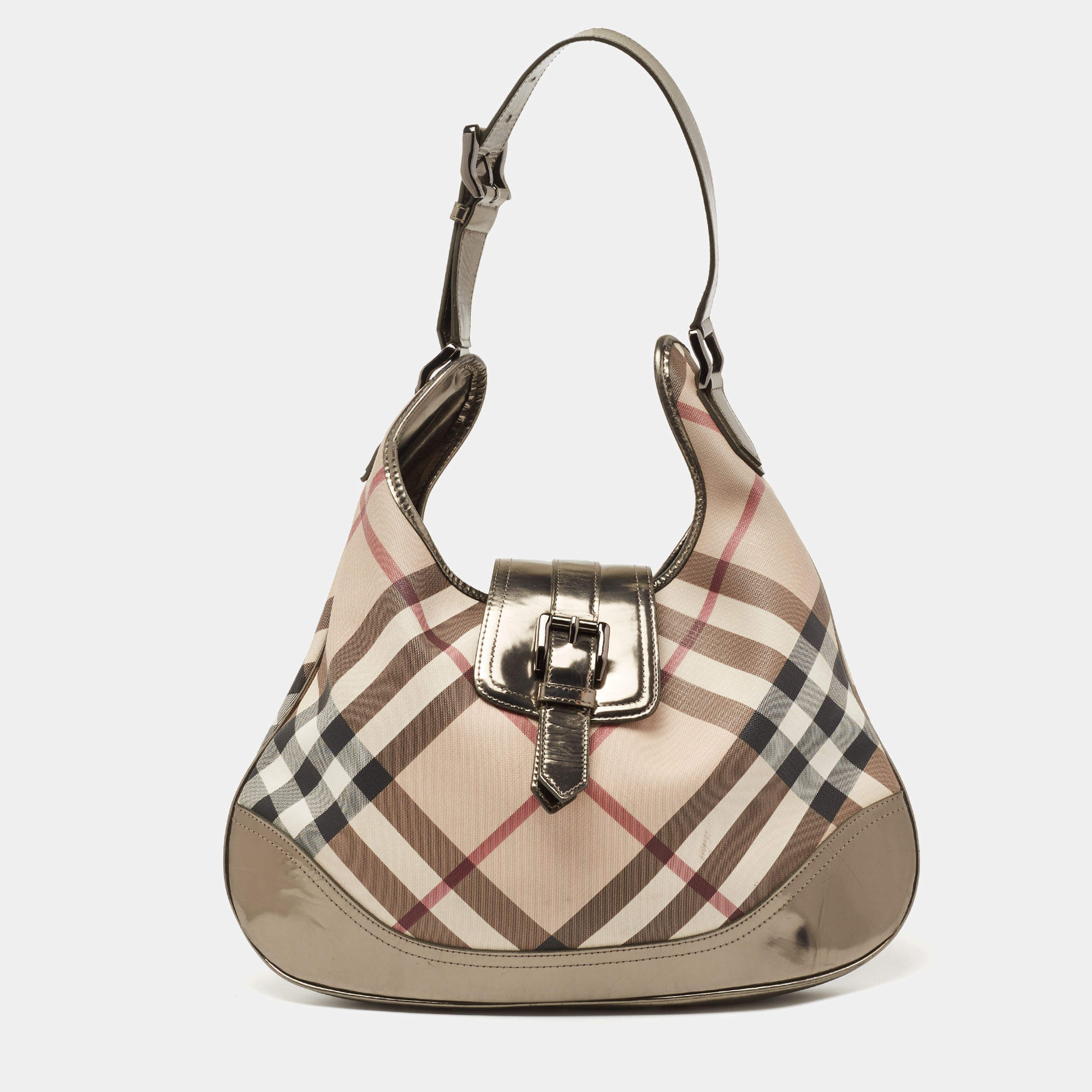 Pre Owned Burberry Metallic/Beige Nova Check PVC and Patent Leather Large Brooke Hobo