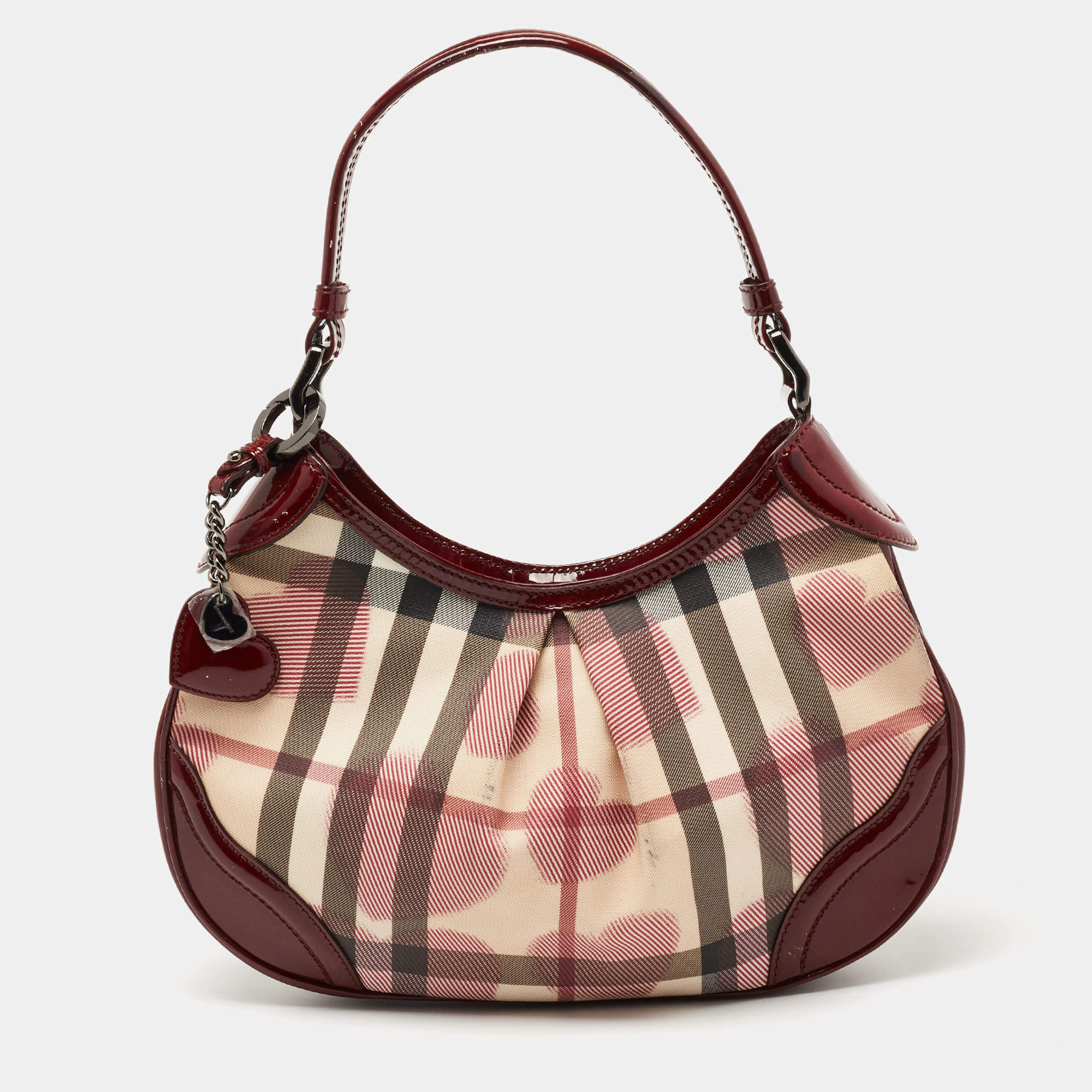 Pre Owned Burberry Red/Beige House Check Heart PVC and Patent Leather Brooklyn Hobo