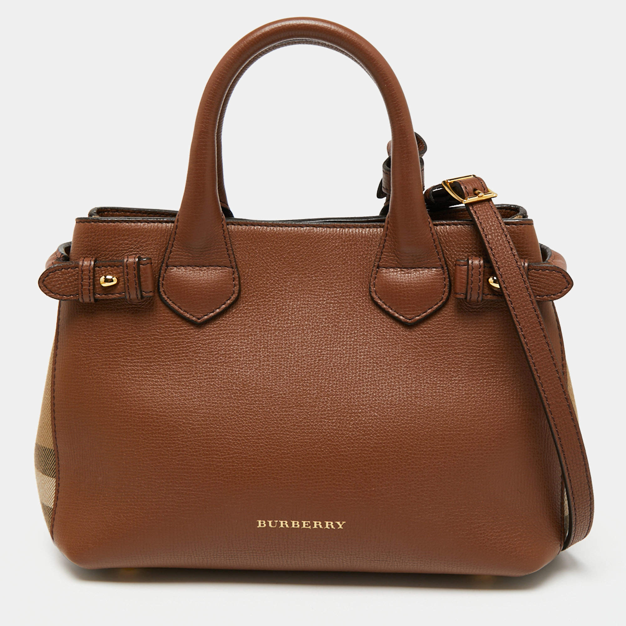مملوكة مسبقًا حقيبة يد توتس بربري سمول بانر قماش كاروهات هاوس تشيك وجلد بني/بيج