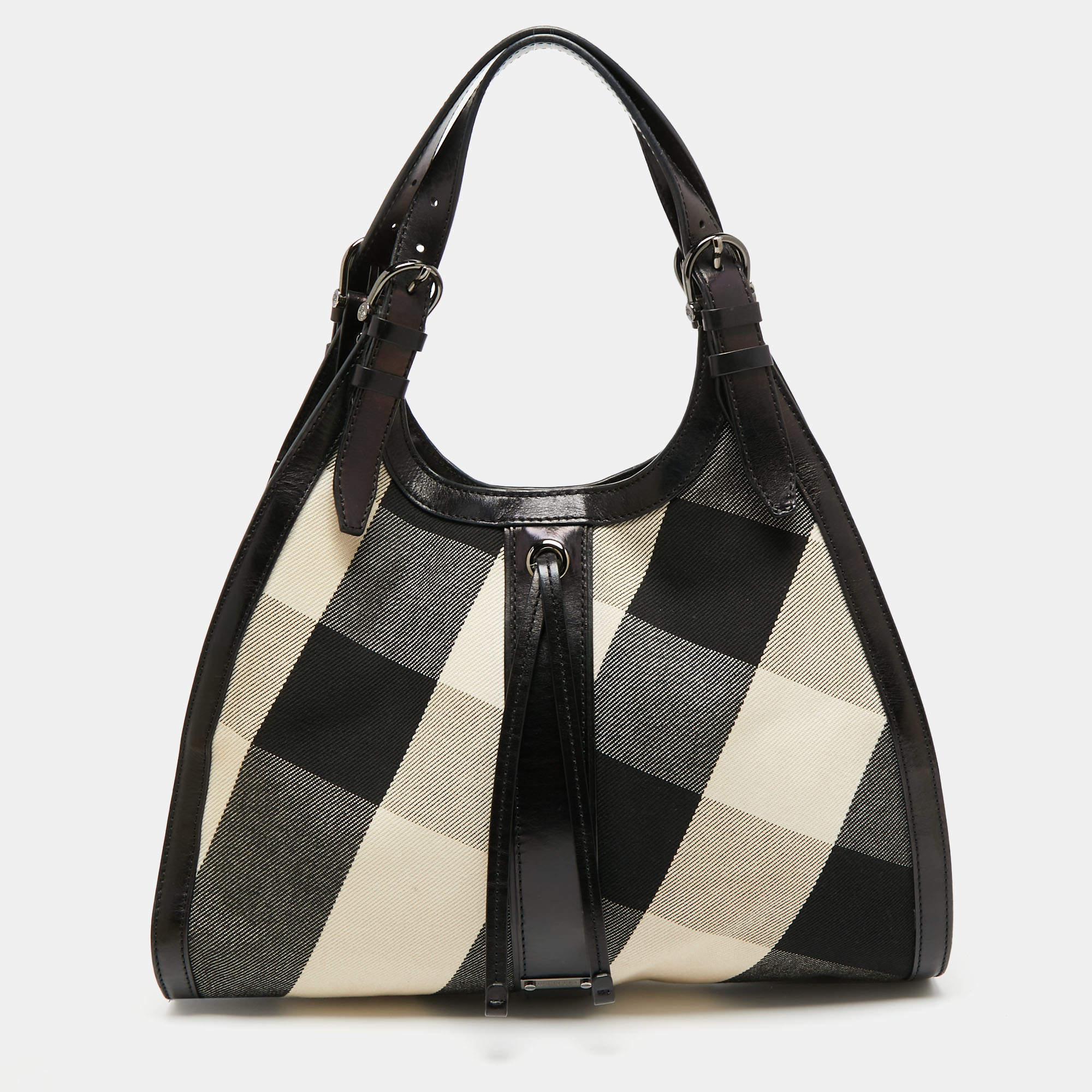 Pre Owned Burberry Black/Beige Mega Check Canvas and Leather Kensington Bag