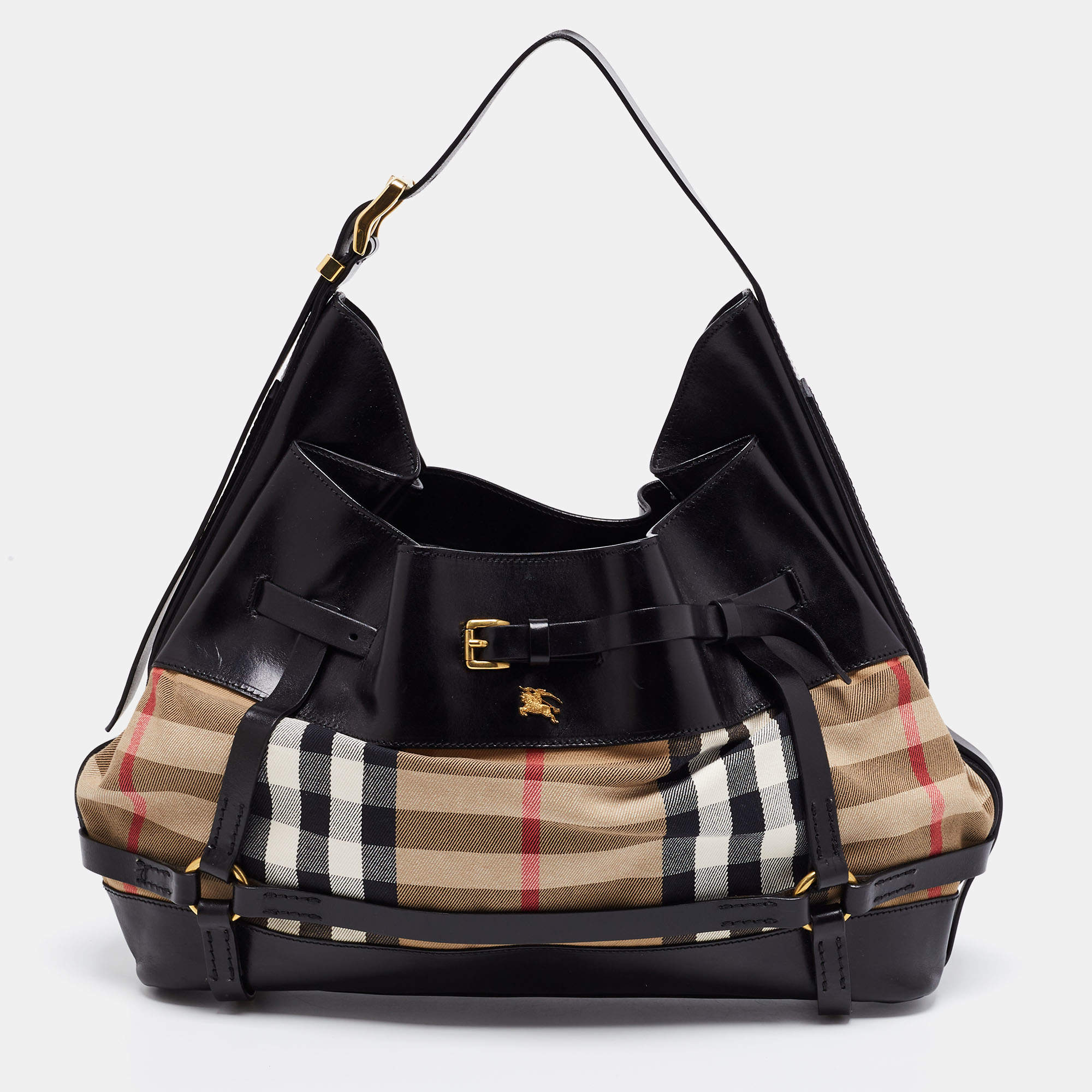 Pre Owned Burberry Black/Beige House Check Canvas and Leather Bridle Hobo