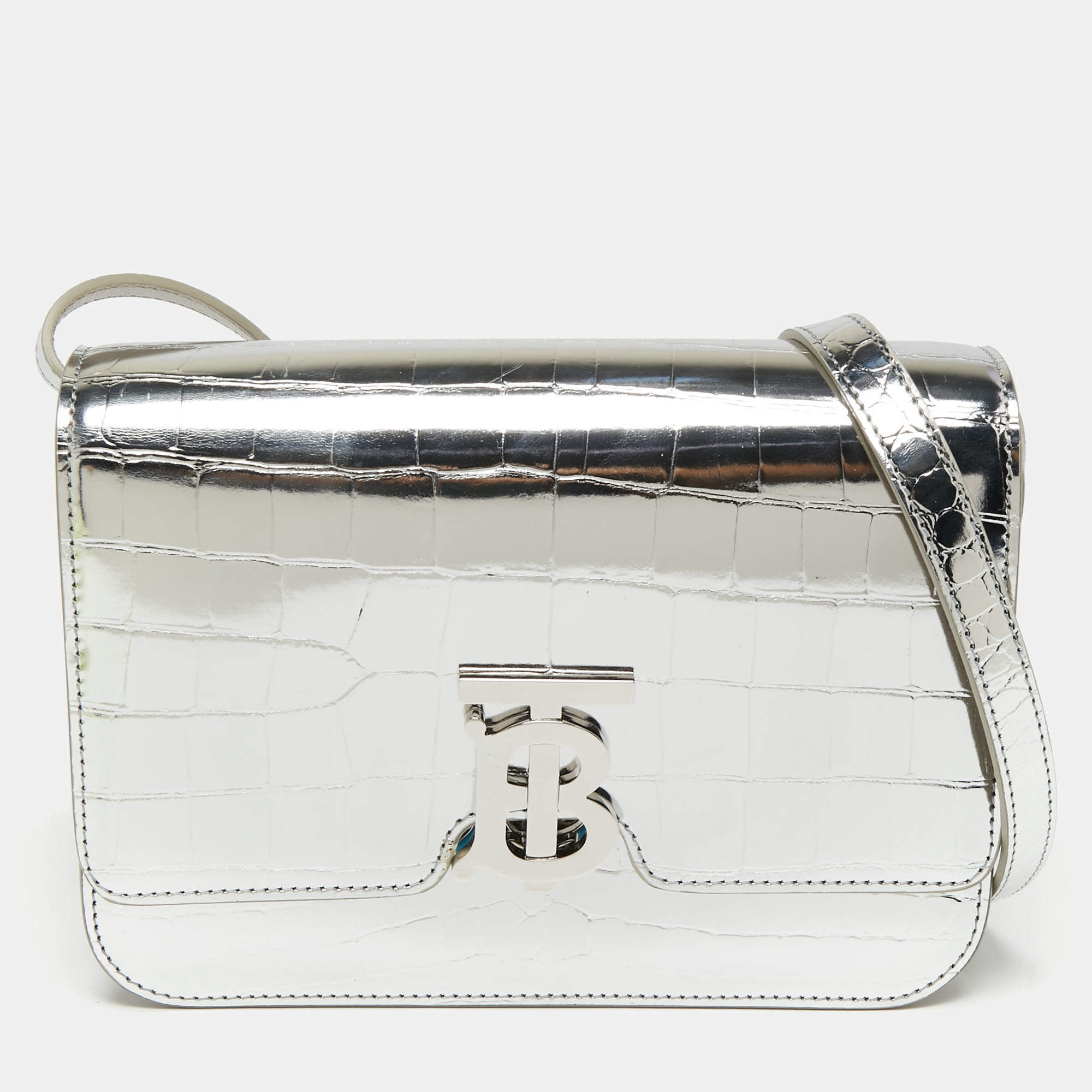 Burberry Silver Croc Embossed Leather Small TB Shoulder Bag Burberry | TLC