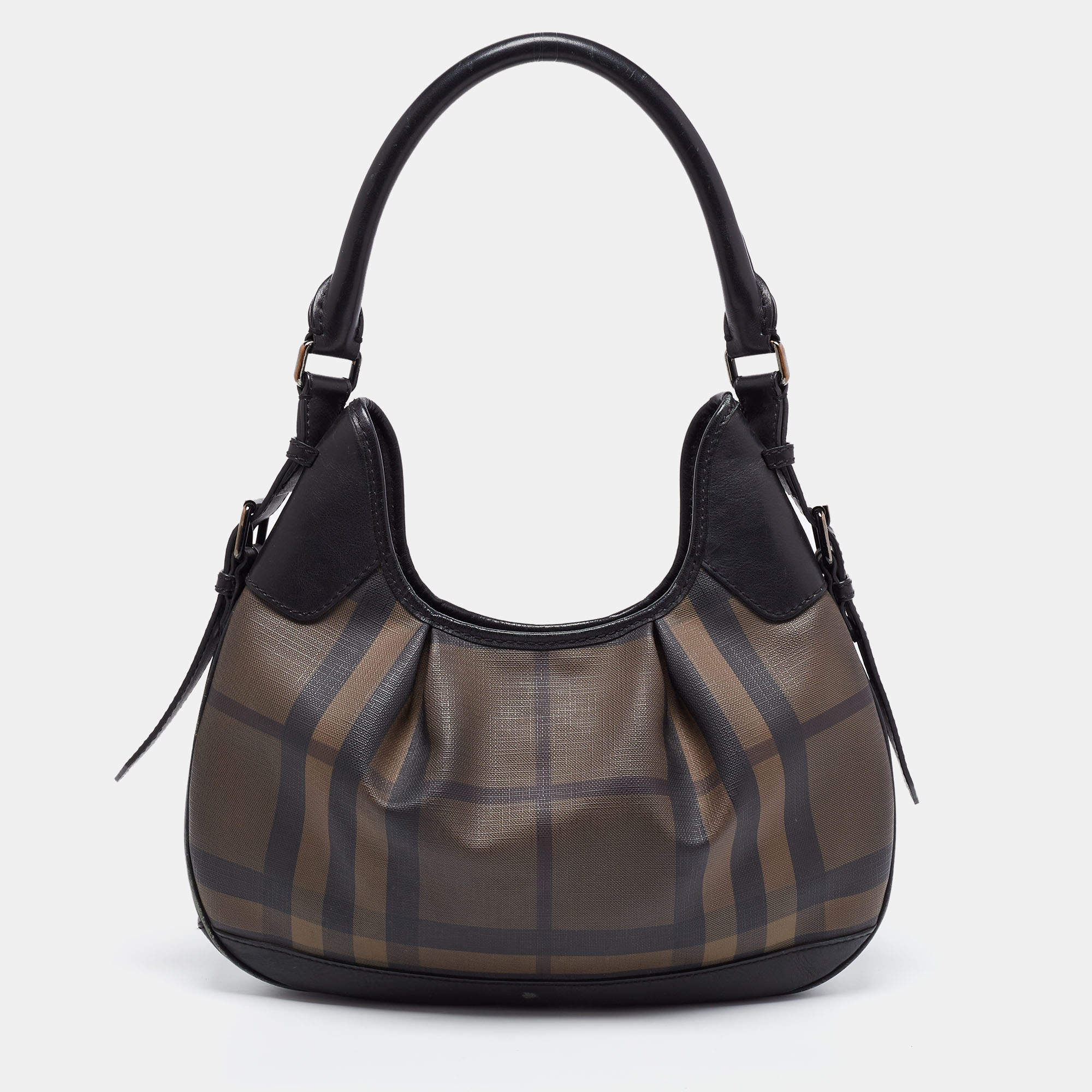 Pre Owned Burberry Brown/Black Nova Check PVC and Leather Small Brooklyn Hobo