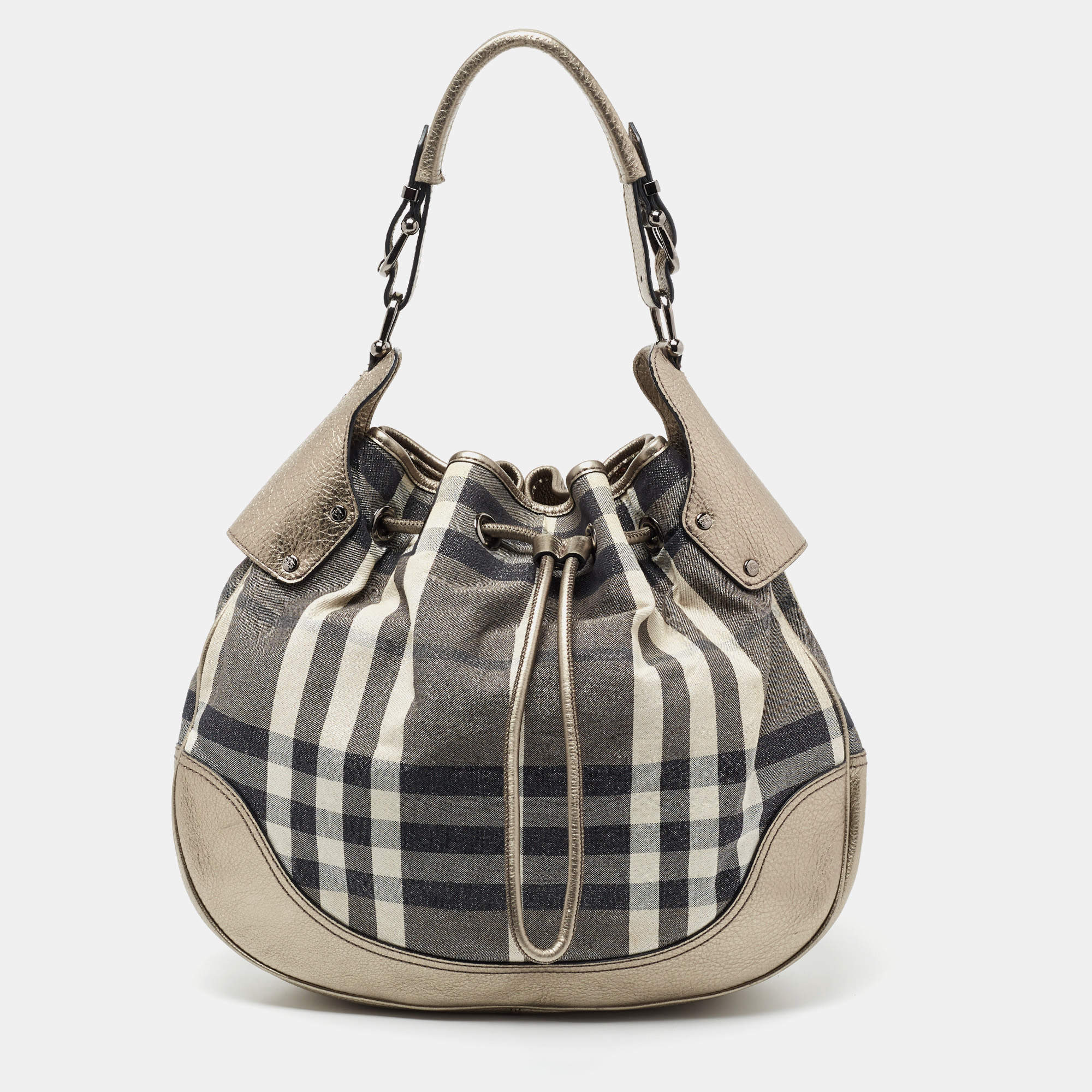 Pre Owned Burberry Grey/Gun Metal Leather and House Check Fabric Drawstring Hobo