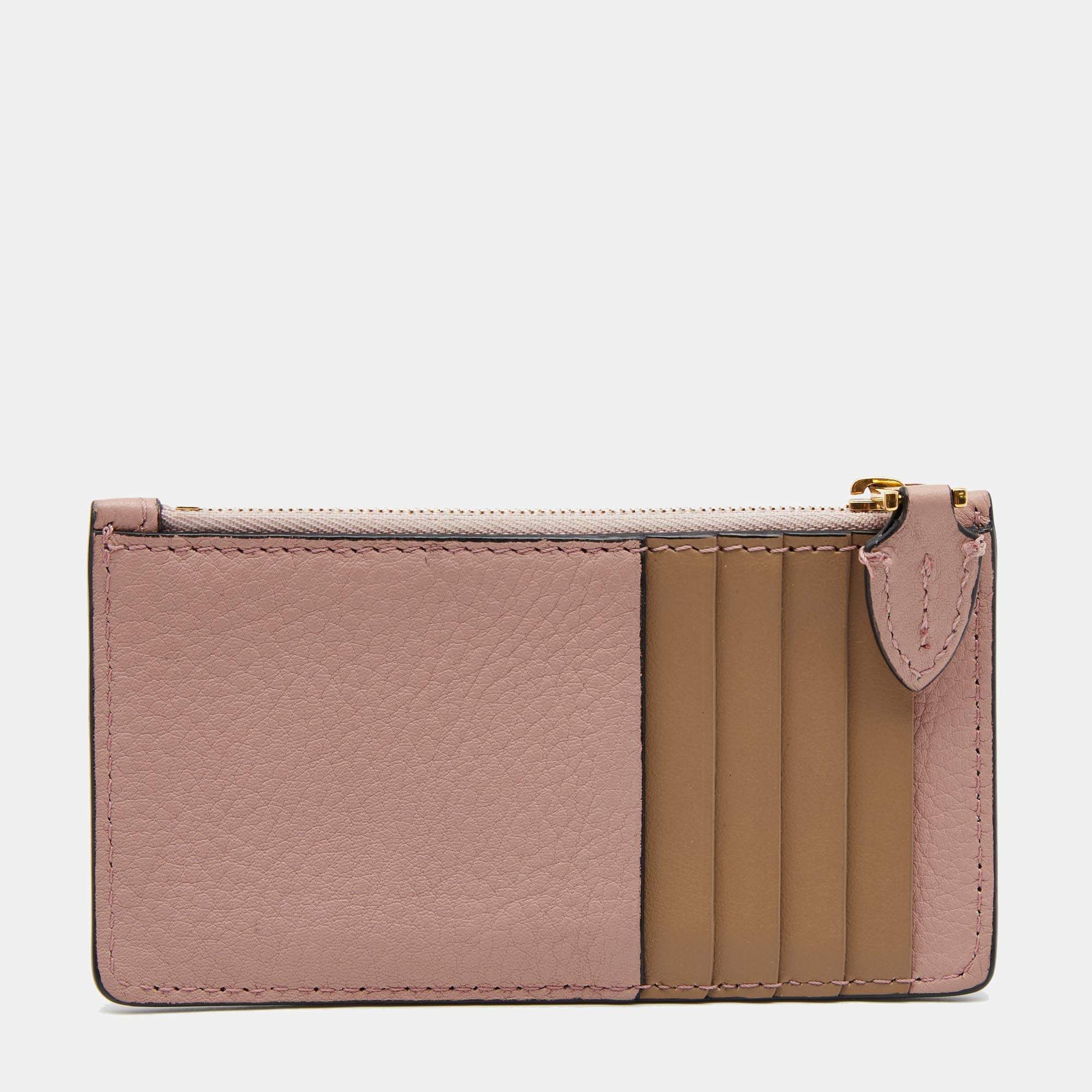 Burberry Pink/Beige Leather Zip Card Holder