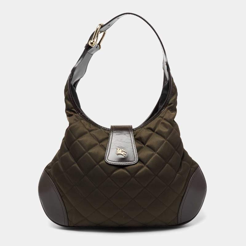 Pre Owned Burberry Olive Green/Brown Quilted Nylon And Leather Brooke Hobo