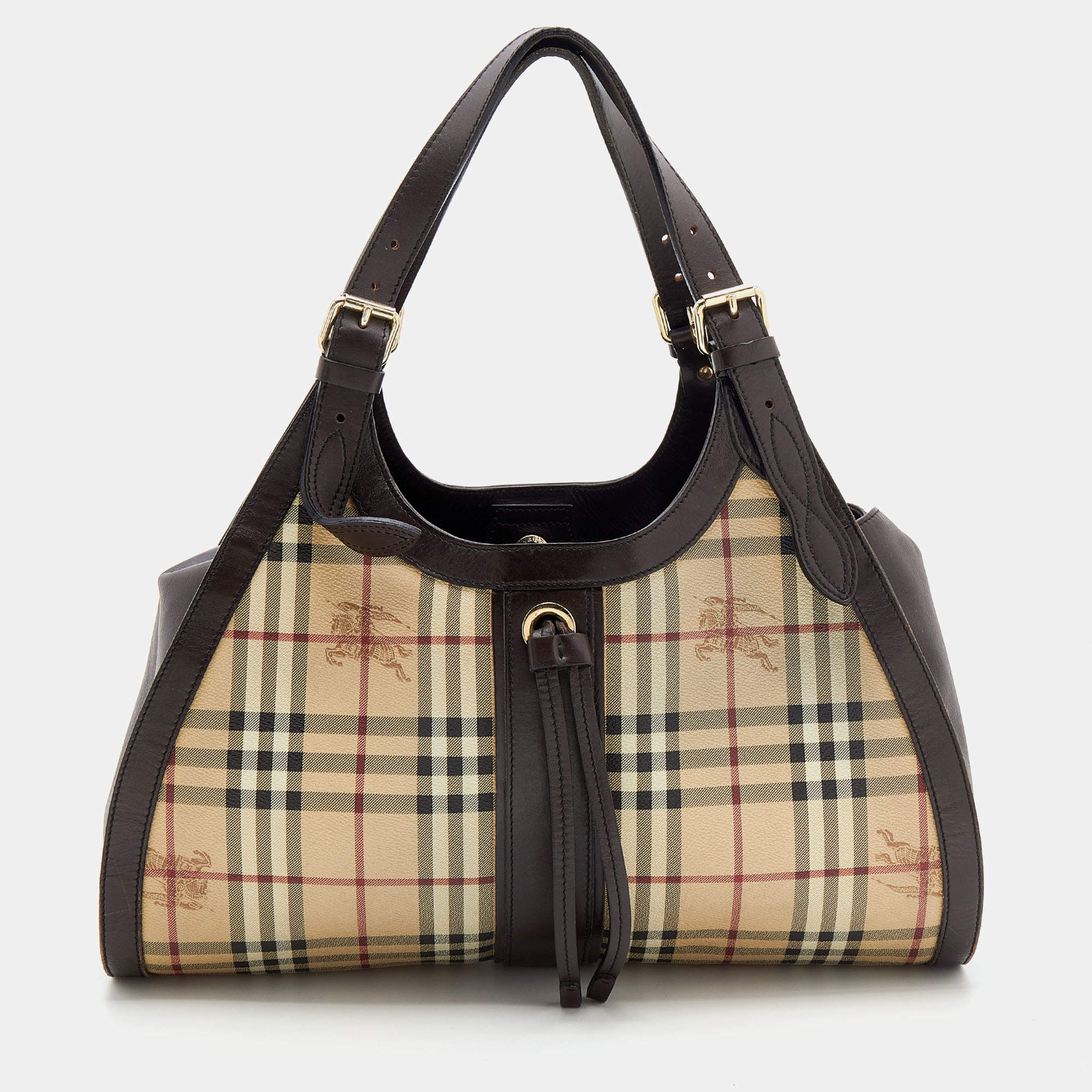 Pre Owned Burberry Beige/Brown Haymarket Check Coated Canvas And Leather Tassel Satchel