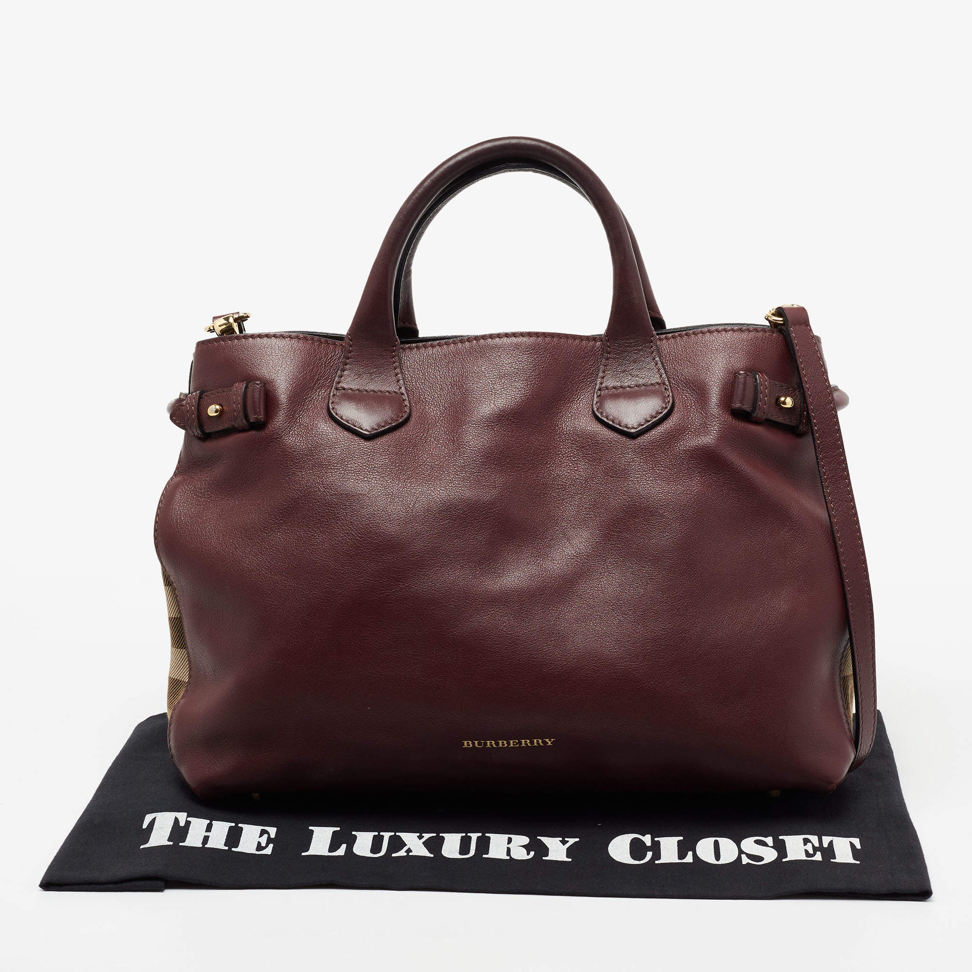Burberry Burgundy Leather and House Check Canvas Medium Banner Tote  Burberry | The Luxury Closet
