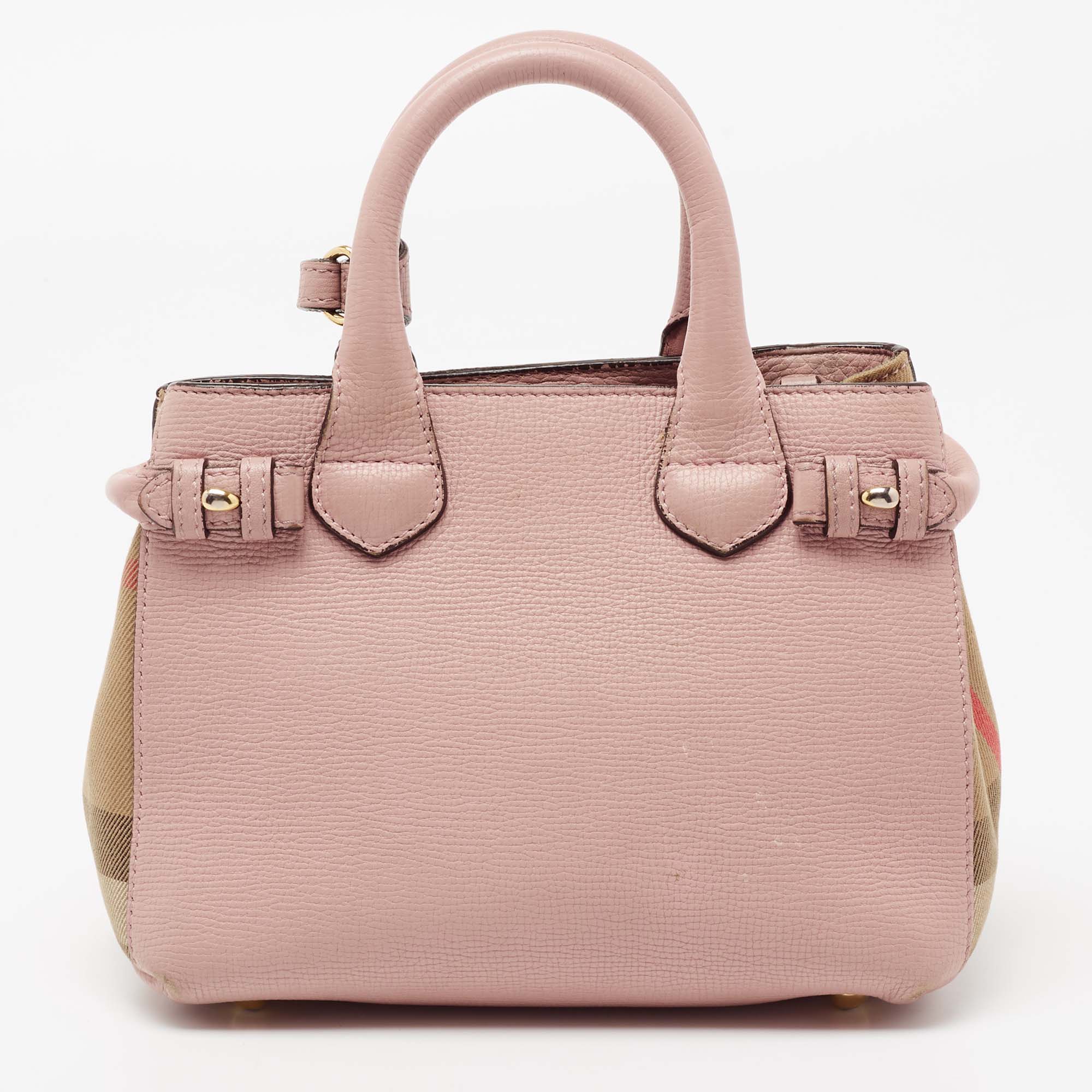 Burberry Pink/Beige Leather and House Check Canvas Small Banner Tote  Burberry