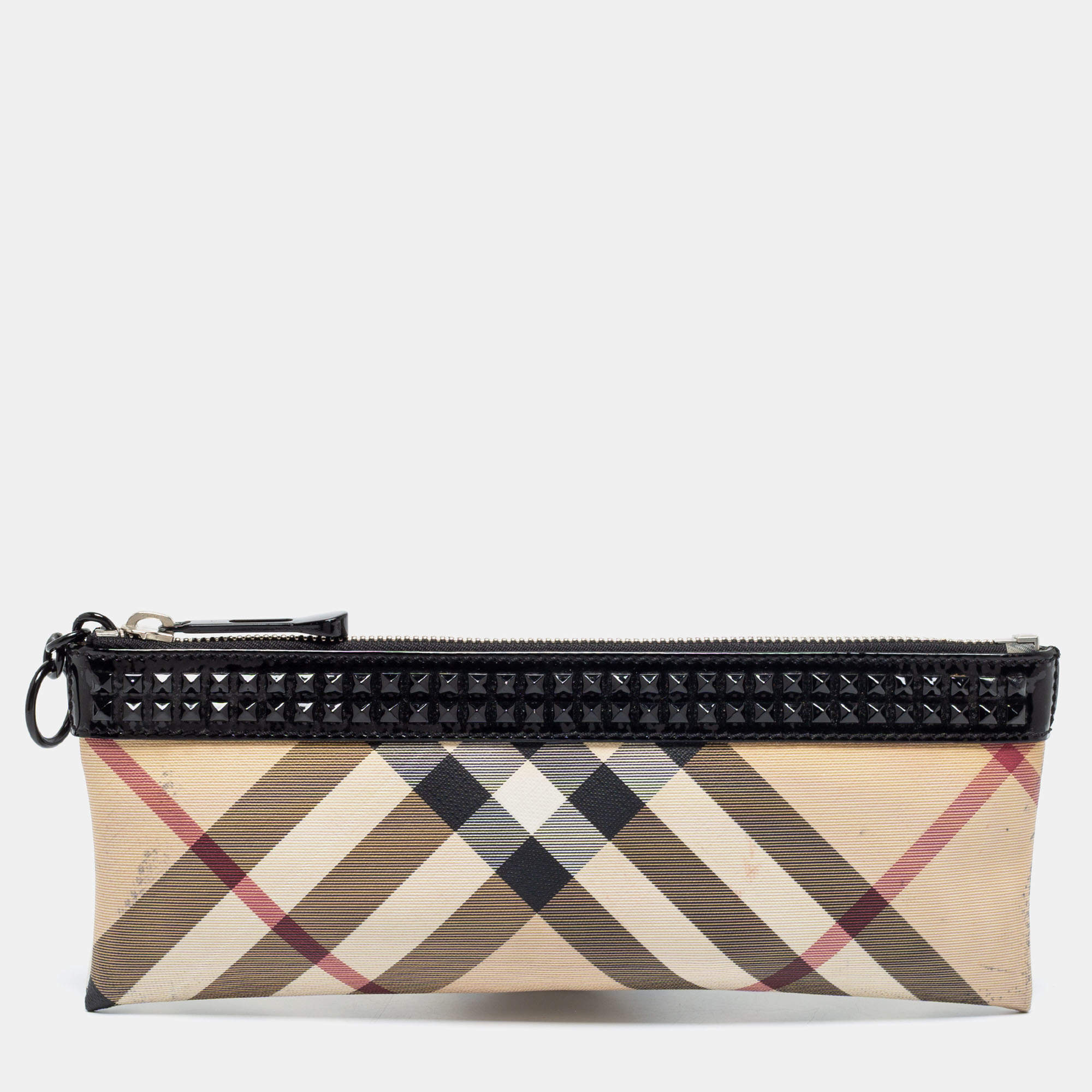 مملوكة مسبقًا Burberry Beige/Black Nova Check PVC and Patent Leather Studded Wristlet Clutch