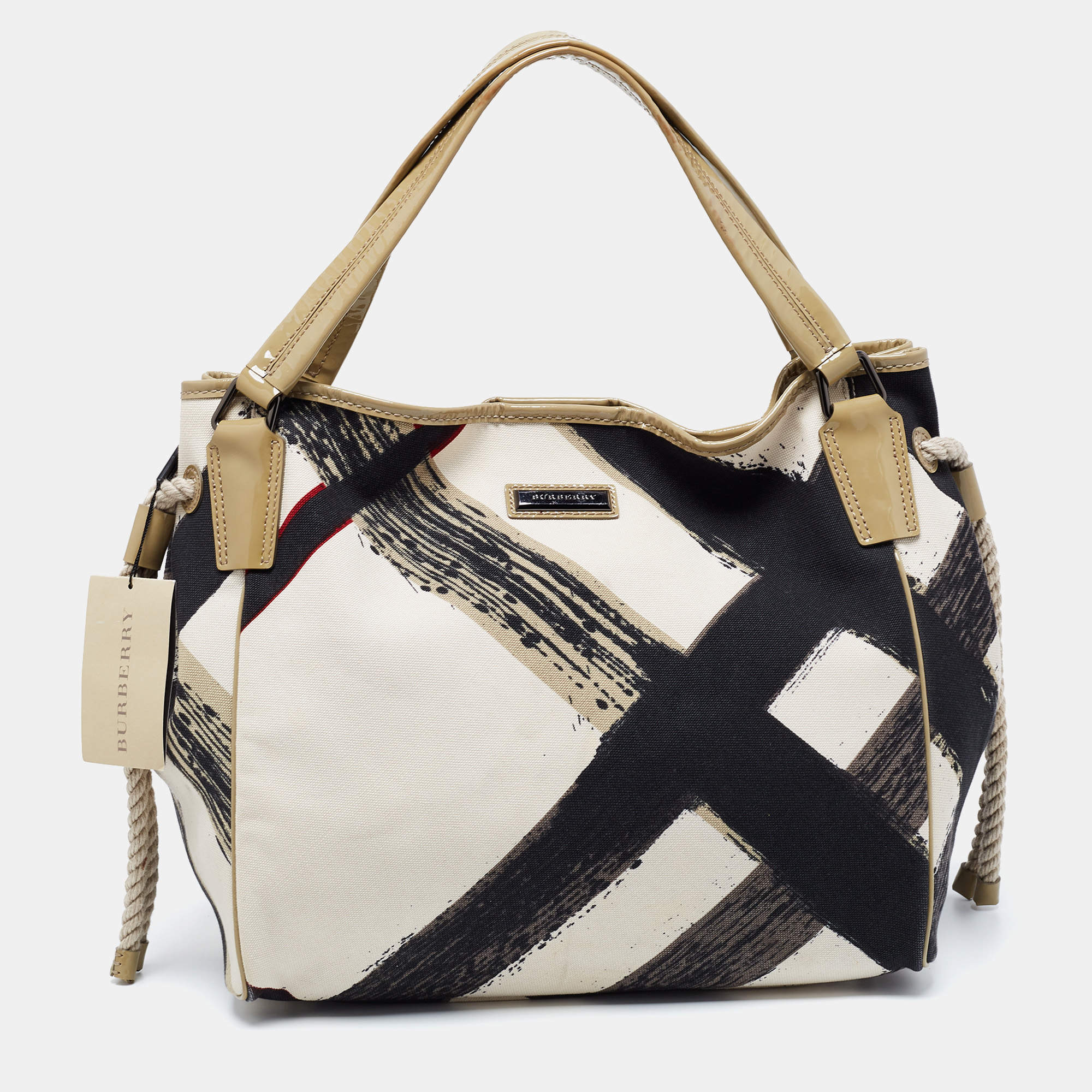 مملوكة مسبقًا Burberry Beige Brushstroke Check Canvas and Patent Leather Biltmore Shopper Tote