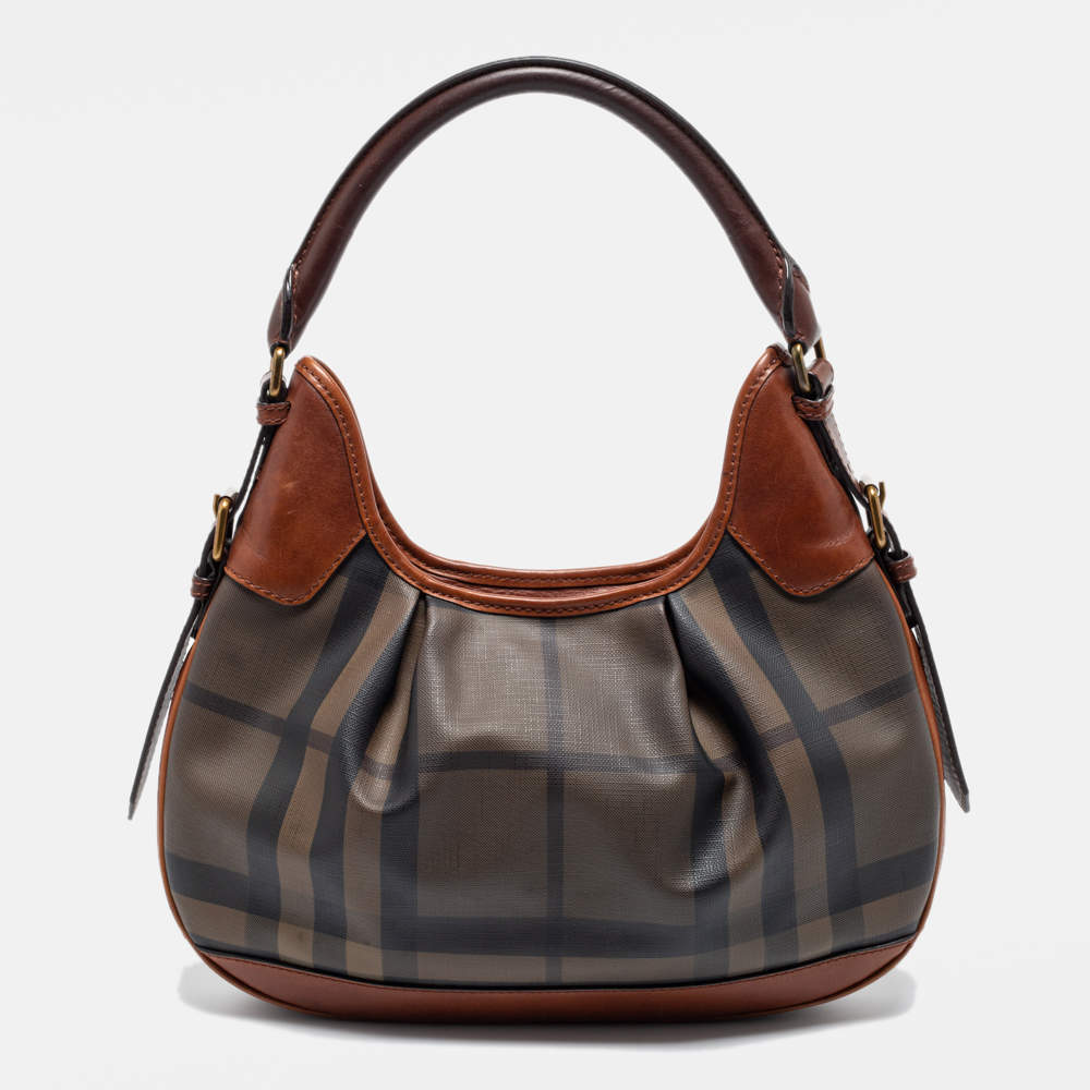 Pre Owned Burberry Brown Smoked Check PVC and Leather Small Brooklyn Hobo