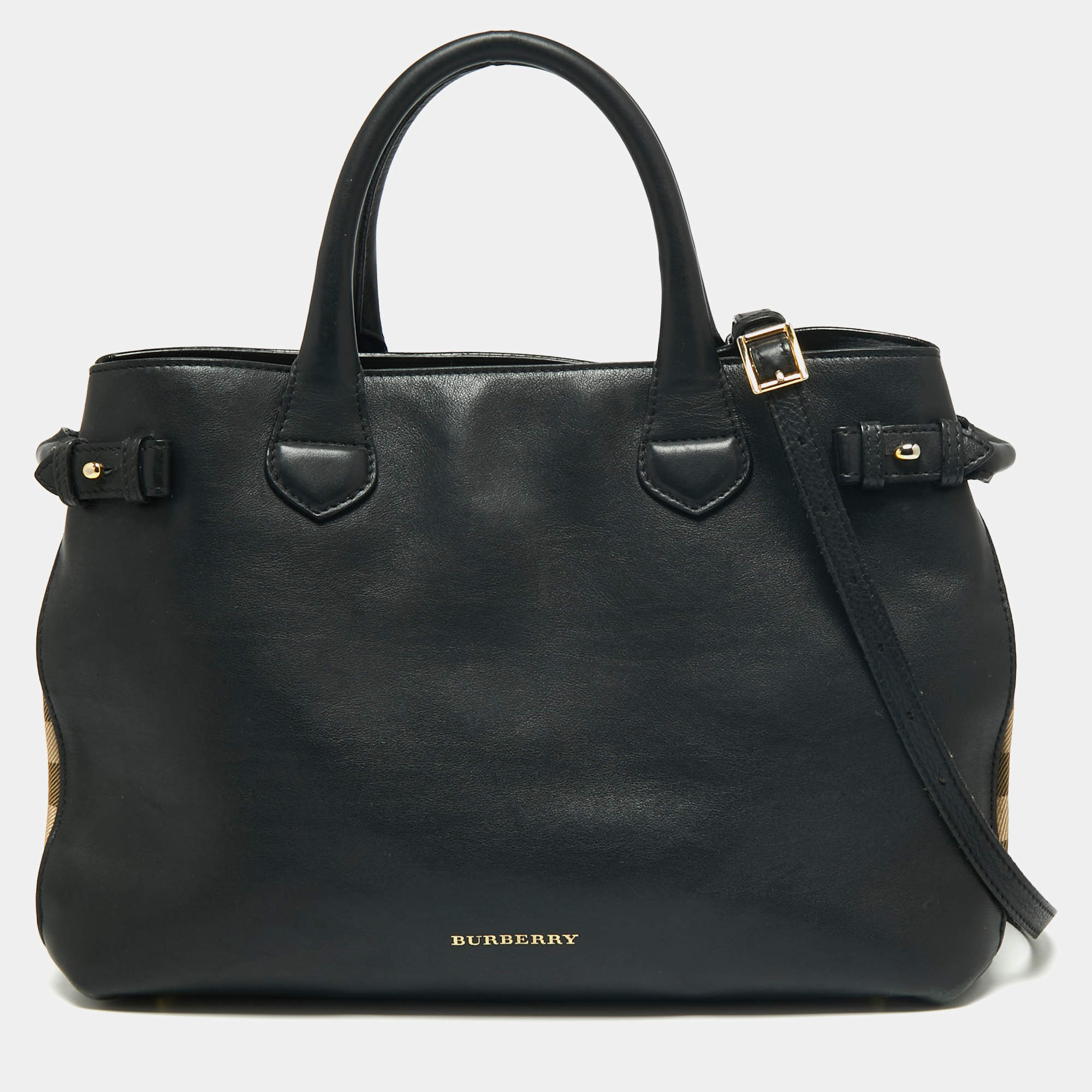 Pre Owned Burberry Black/Beige Leather And House Check Canvas Medium Banner Tote