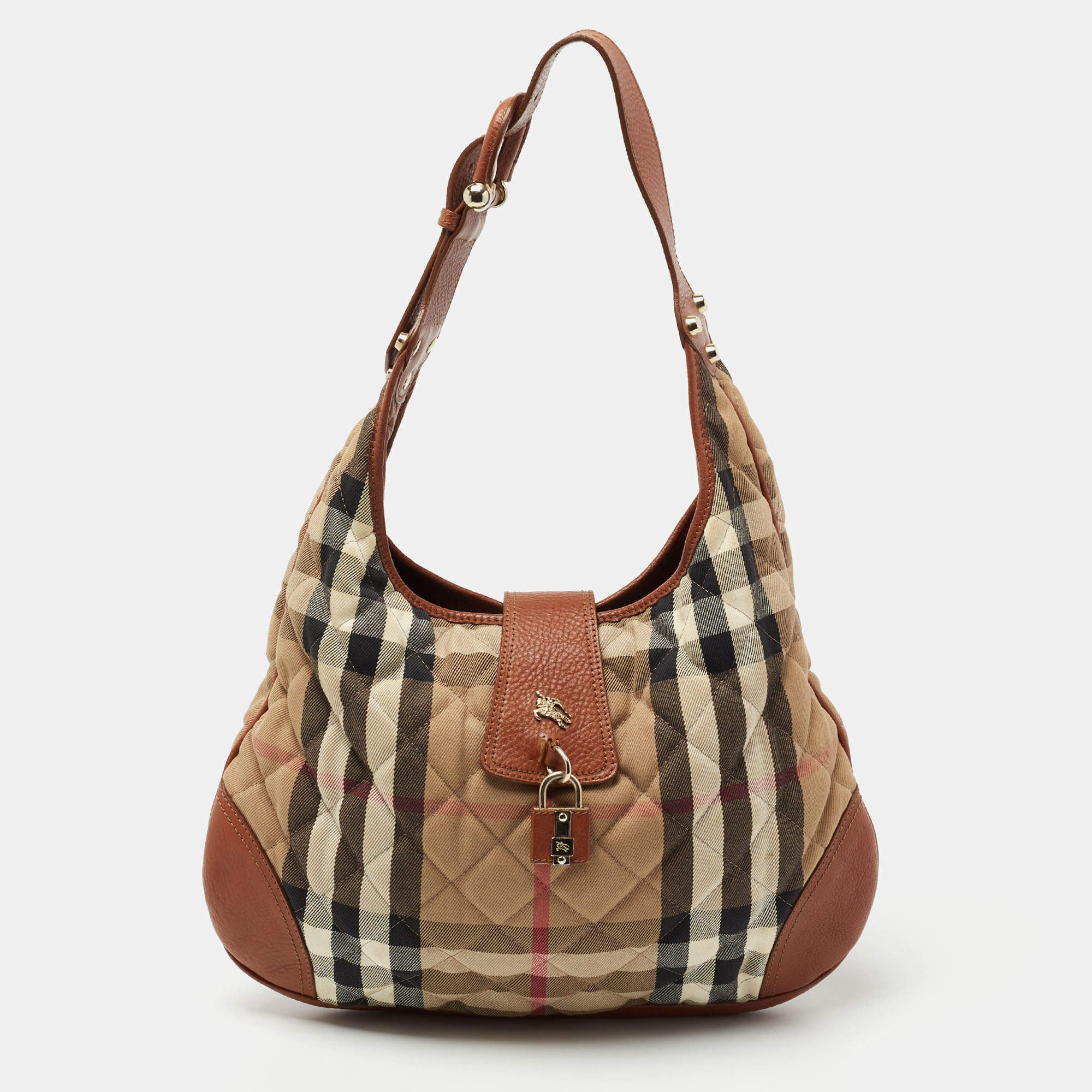Pre Owned Burberry Tan Quilted House Check Canvas and Leather Brooke Hobo