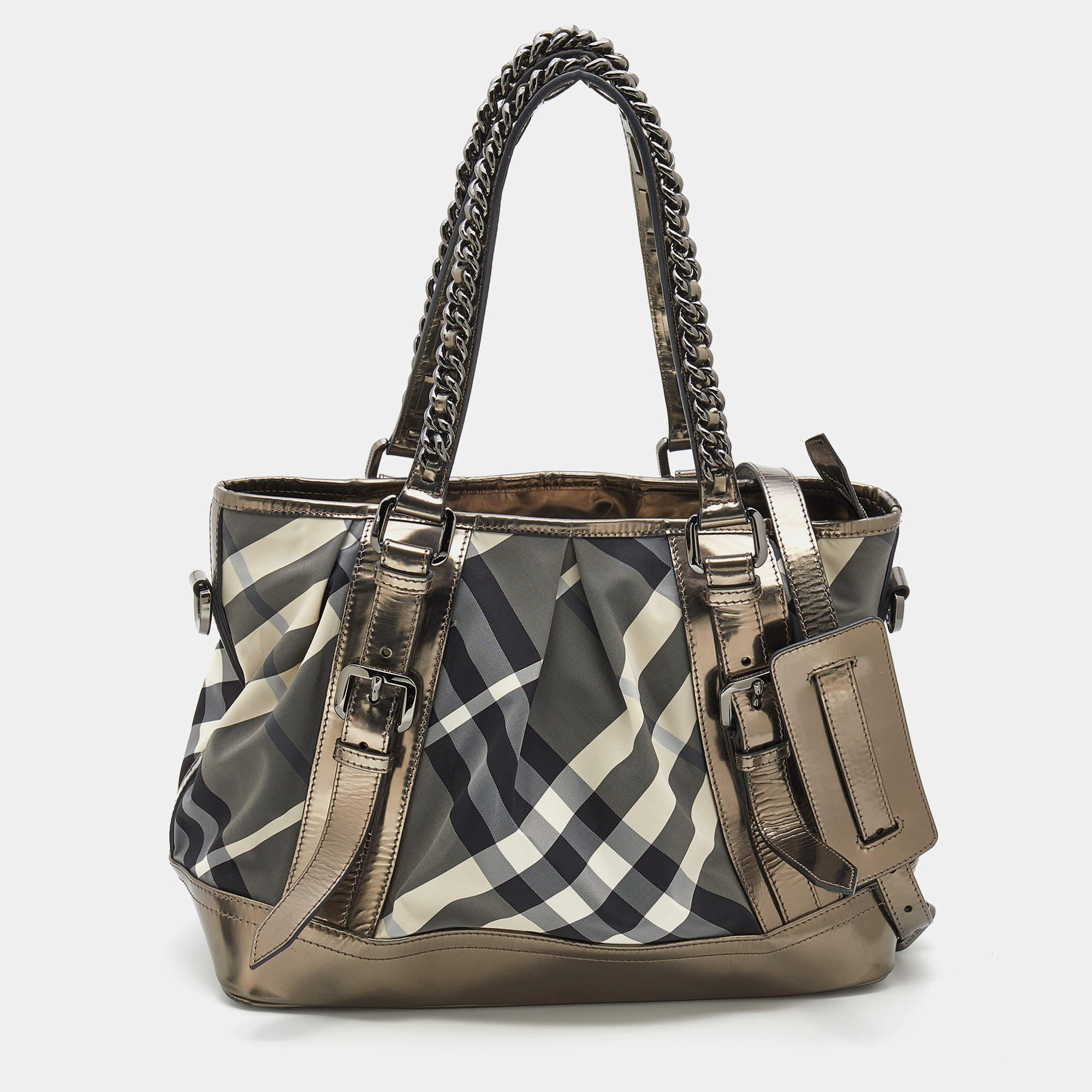 Pre Owned Burberry Grey/Metallic Beat Check Nylon and Patent Leather Medium Lowry Tote