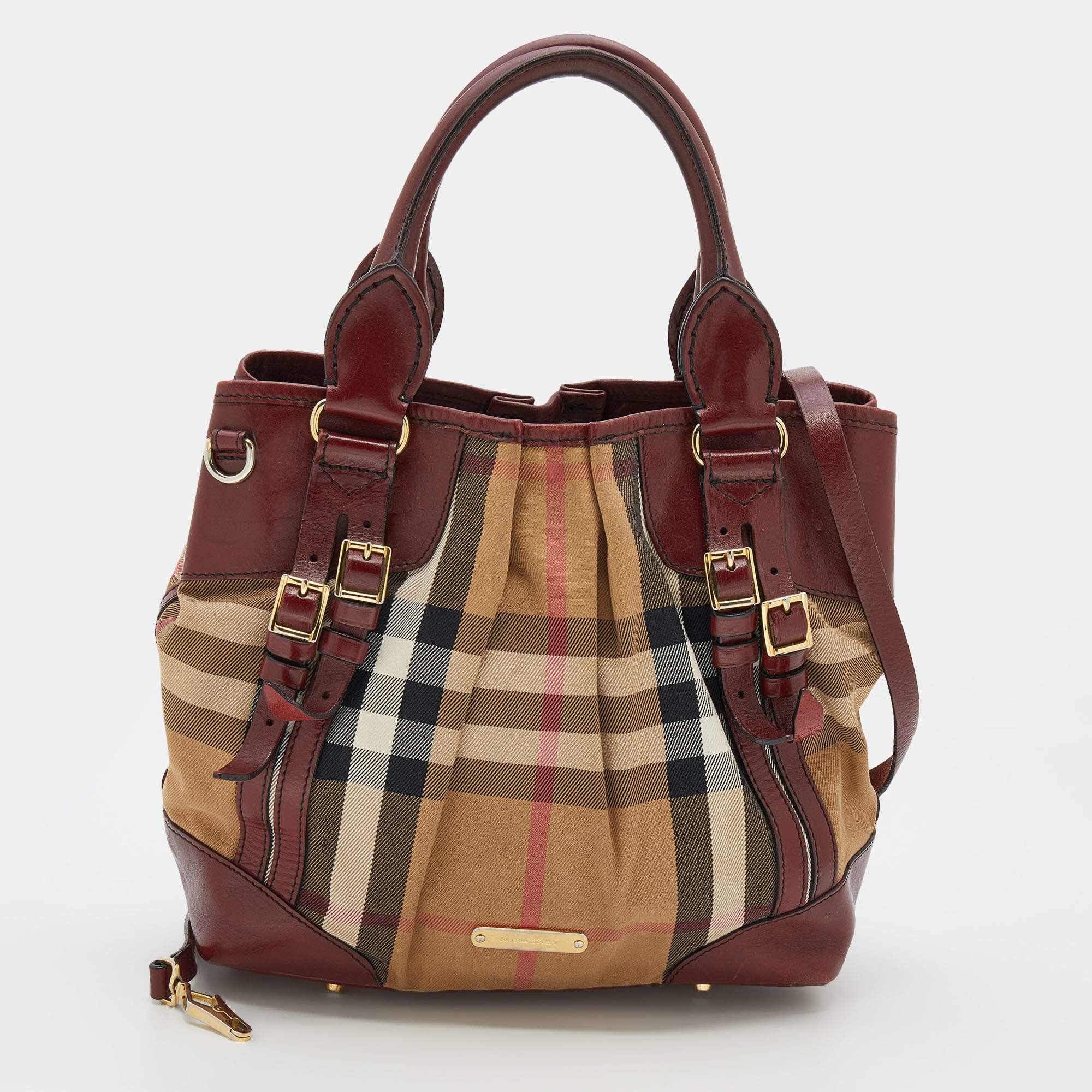 مملوكة مسبقًا Burberry Burgundy House Check Fabric Bridle Whipstitch Tote