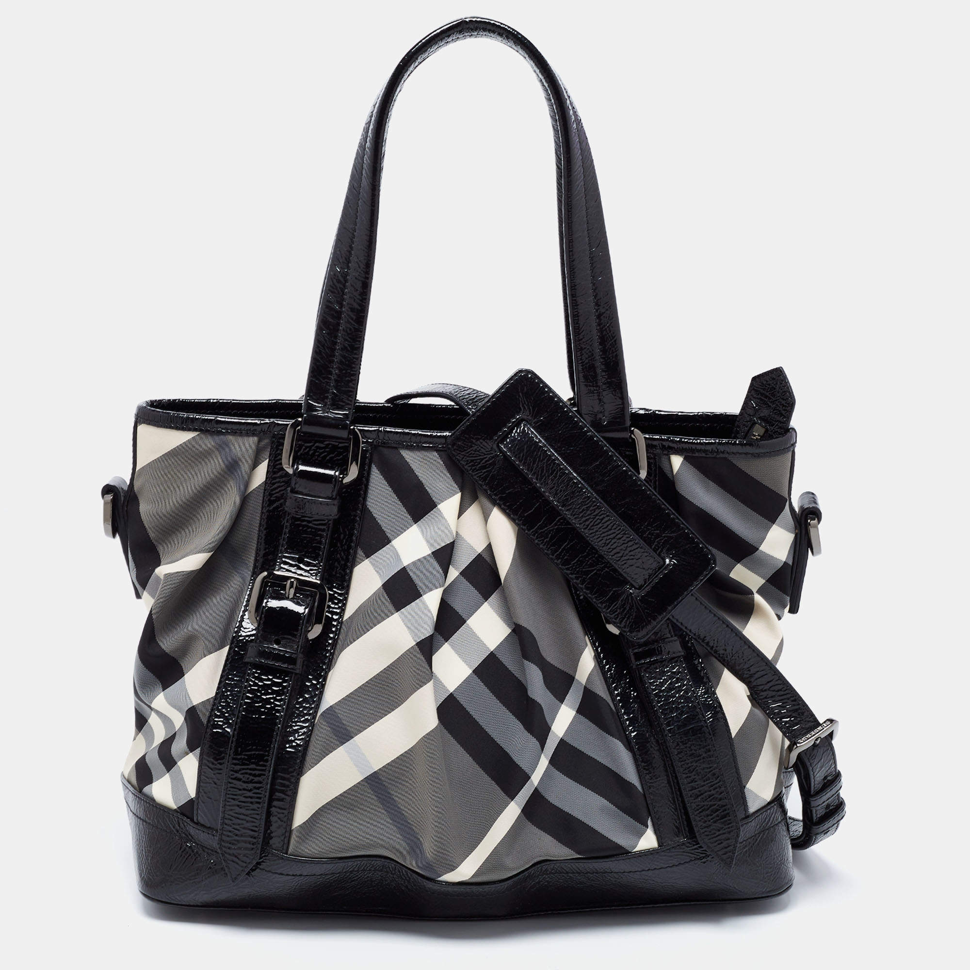 Pre Owned Burberry Grey/Black Beat Check Nylon and Patent Leather Lowry Tote