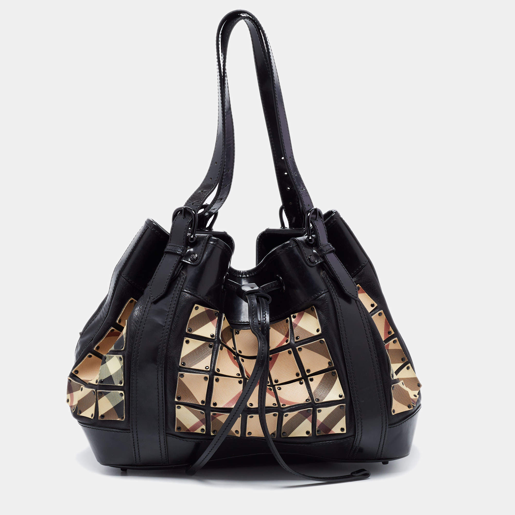 Pre Owned Burberry Black Nova Check Canvas and Leather Large Studded Warrior Armor Hobo