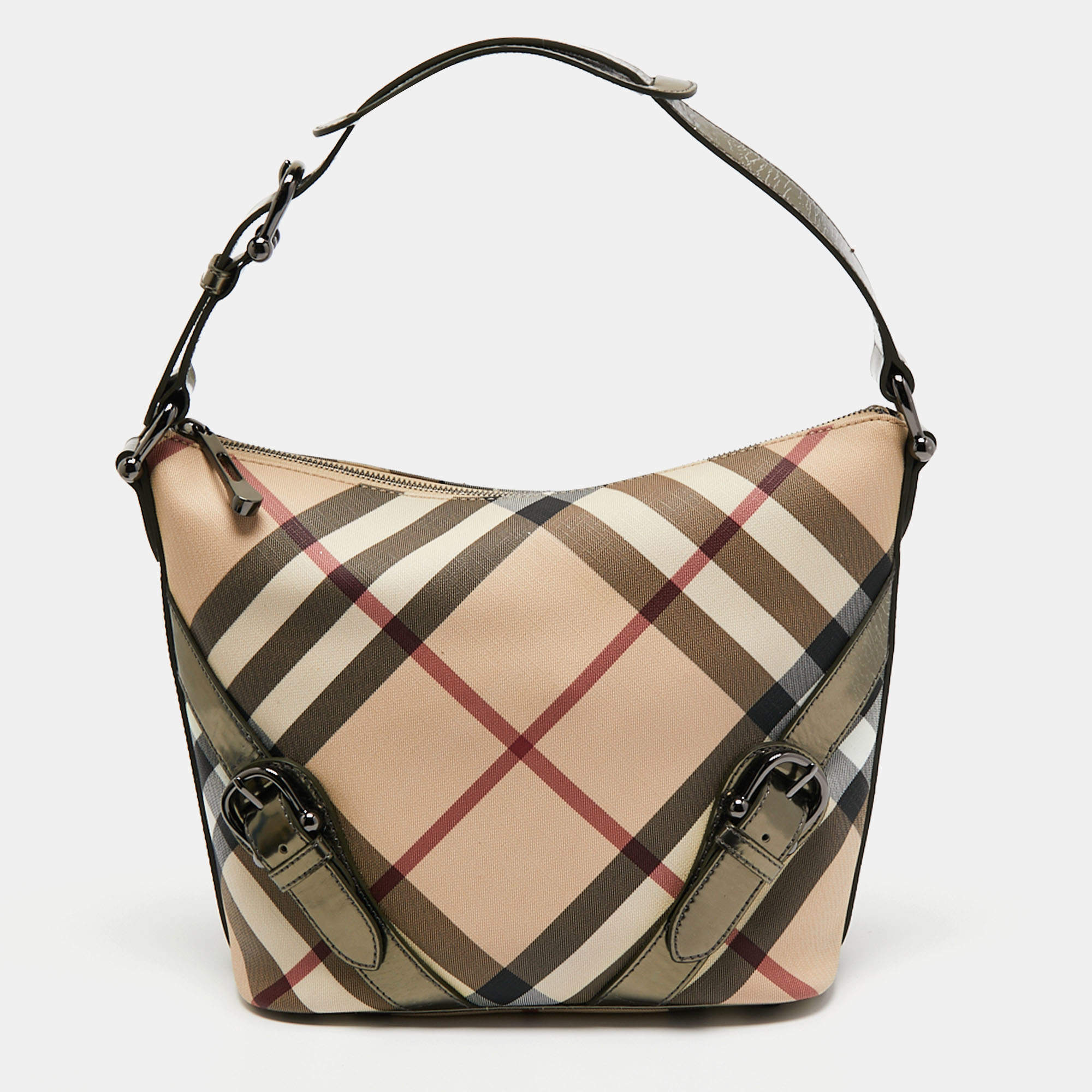 Pre Owned Burberry Beige Supernova Check Coated Canvas and Patent Leather Hobo