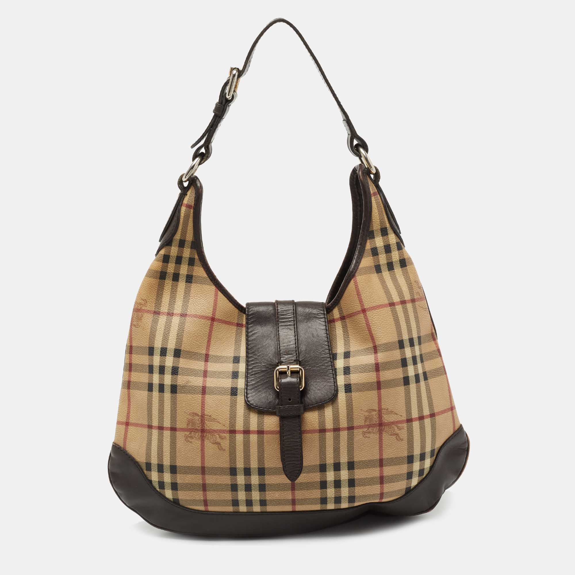 Pre Owned Burberry Beige House Check Canvas and Leather Brooke Hobo