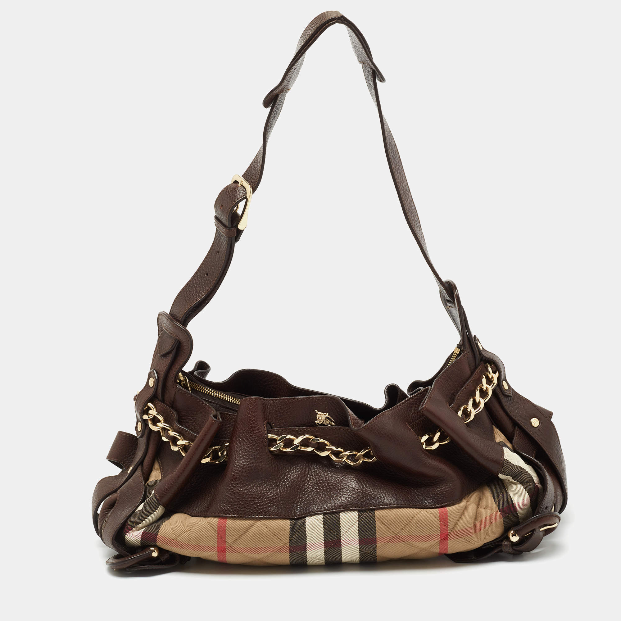 Pre Owned Burberry Beige/Brown House Check Fabric and Leather Margaret Hobo