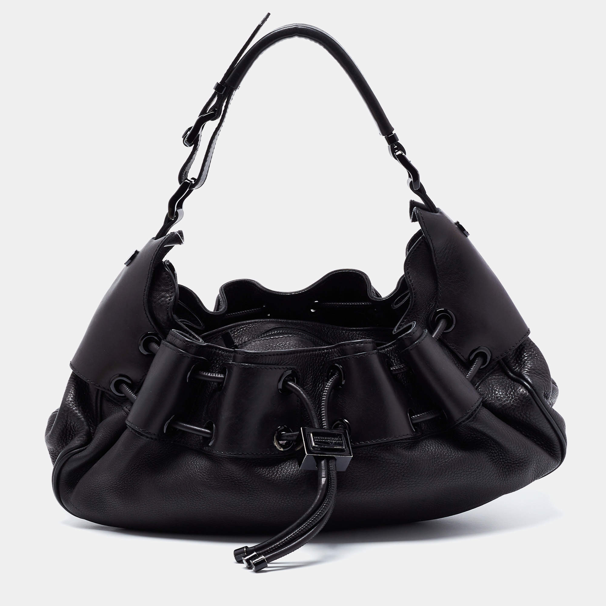 Pre Owned Burberry Black Leather Warrior Drawstring Hobo