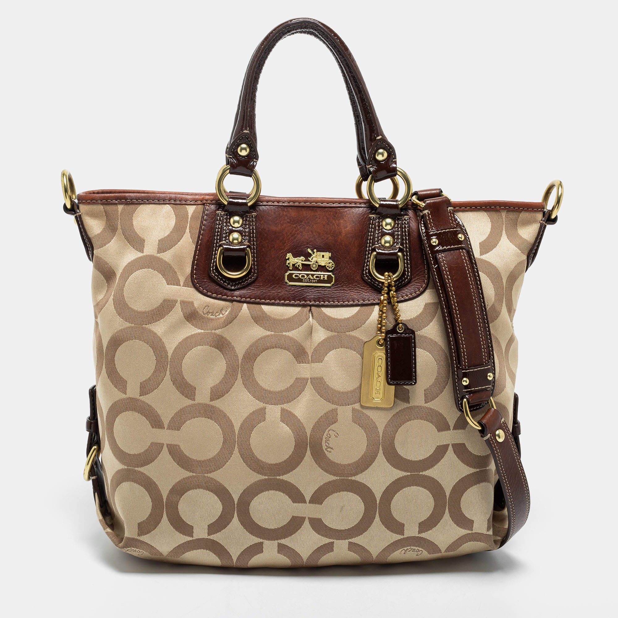 Pre Owned Coach Beige/Brown Op Art Canvas and Patent Leather Madison Julianne Shoulder Bag