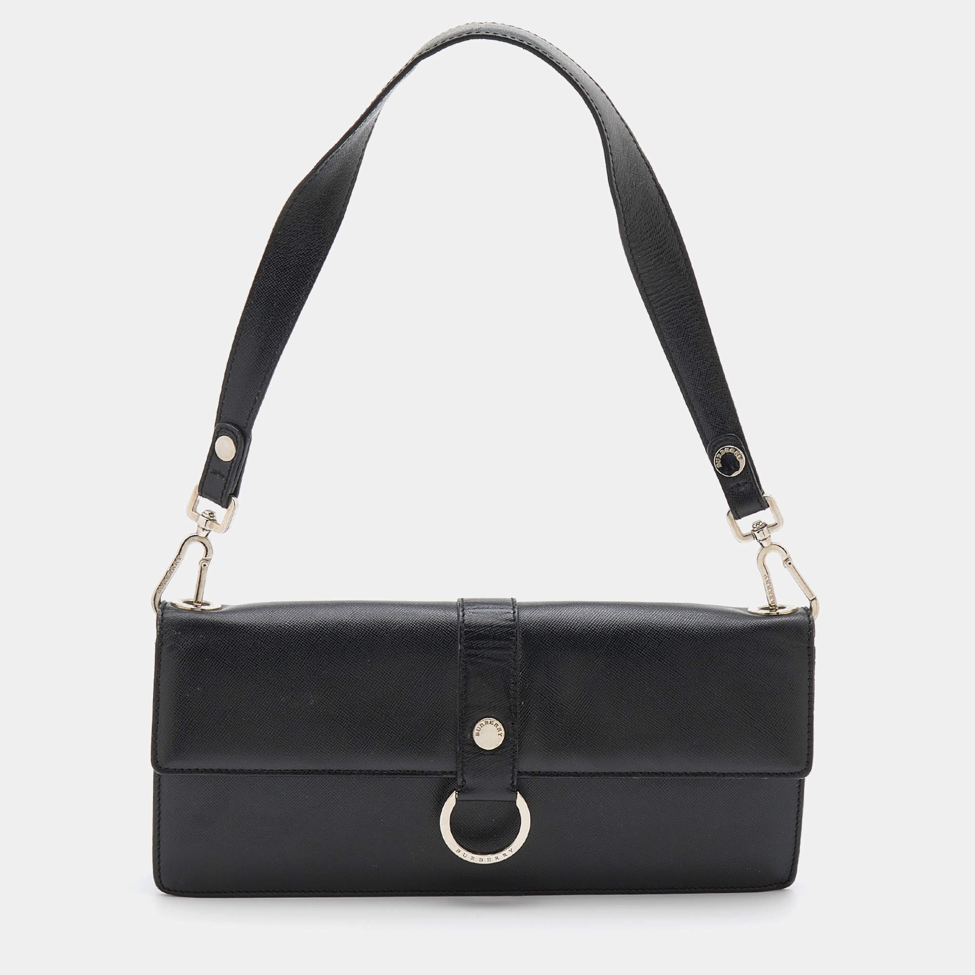 Pre Owned Burberry Black Leather Flap Shoulder Bag