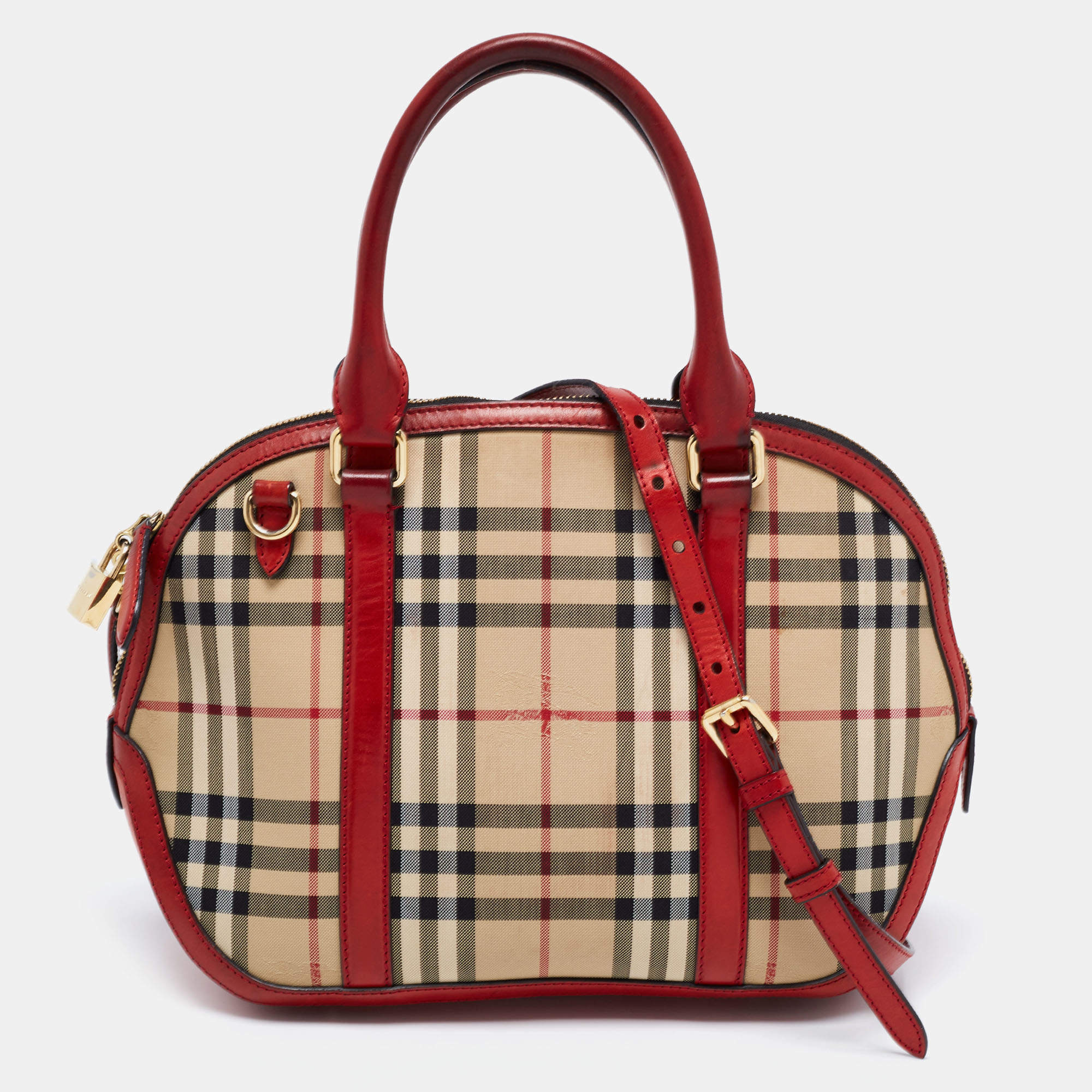 Pre Owned Burberry Red/Beige Horseferry Check Canvas and Leather Small Orchard Bowler Bag
