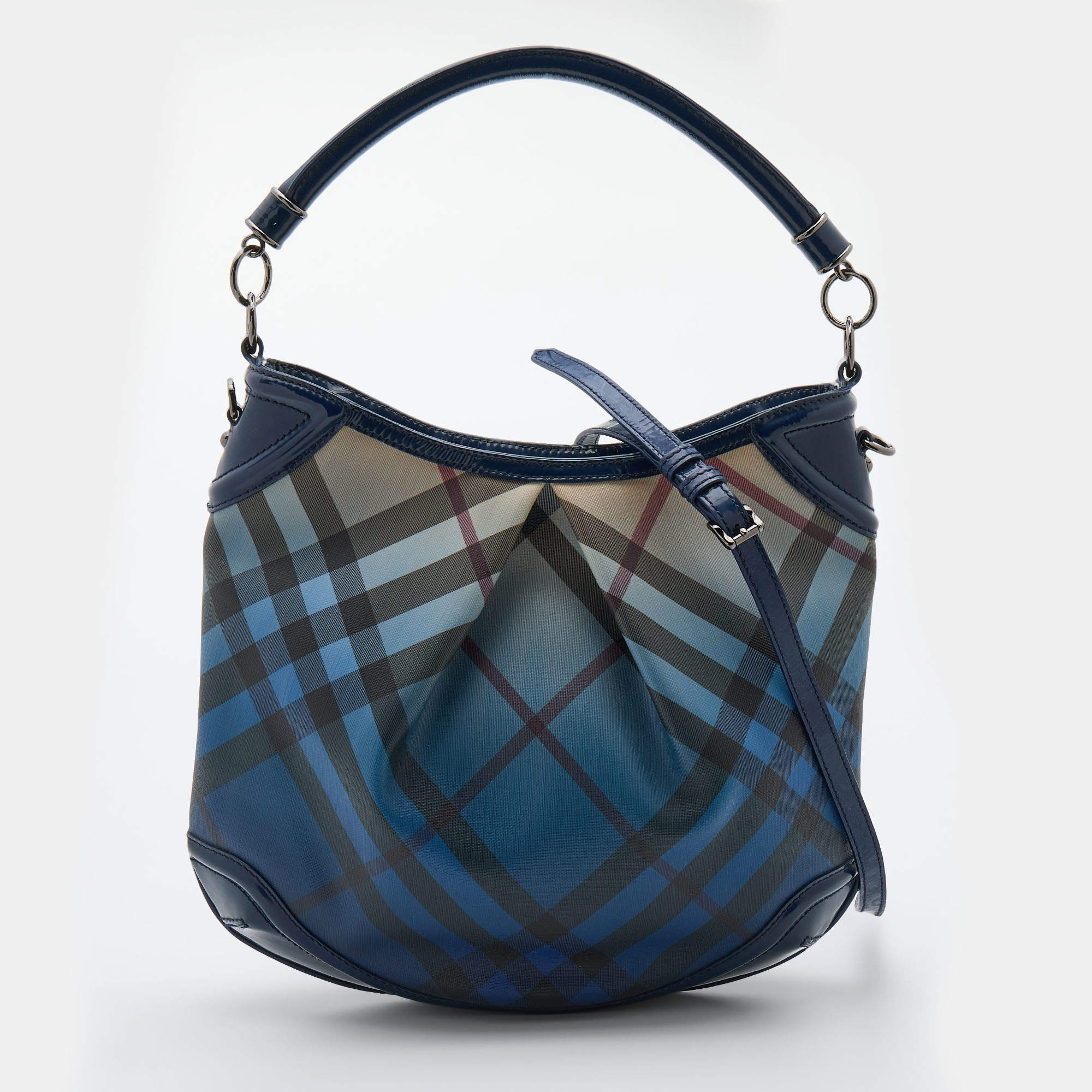 Pre Owned Burberry Blue Nova Pop Check PVC and Patent Leather Craigwell Hobo