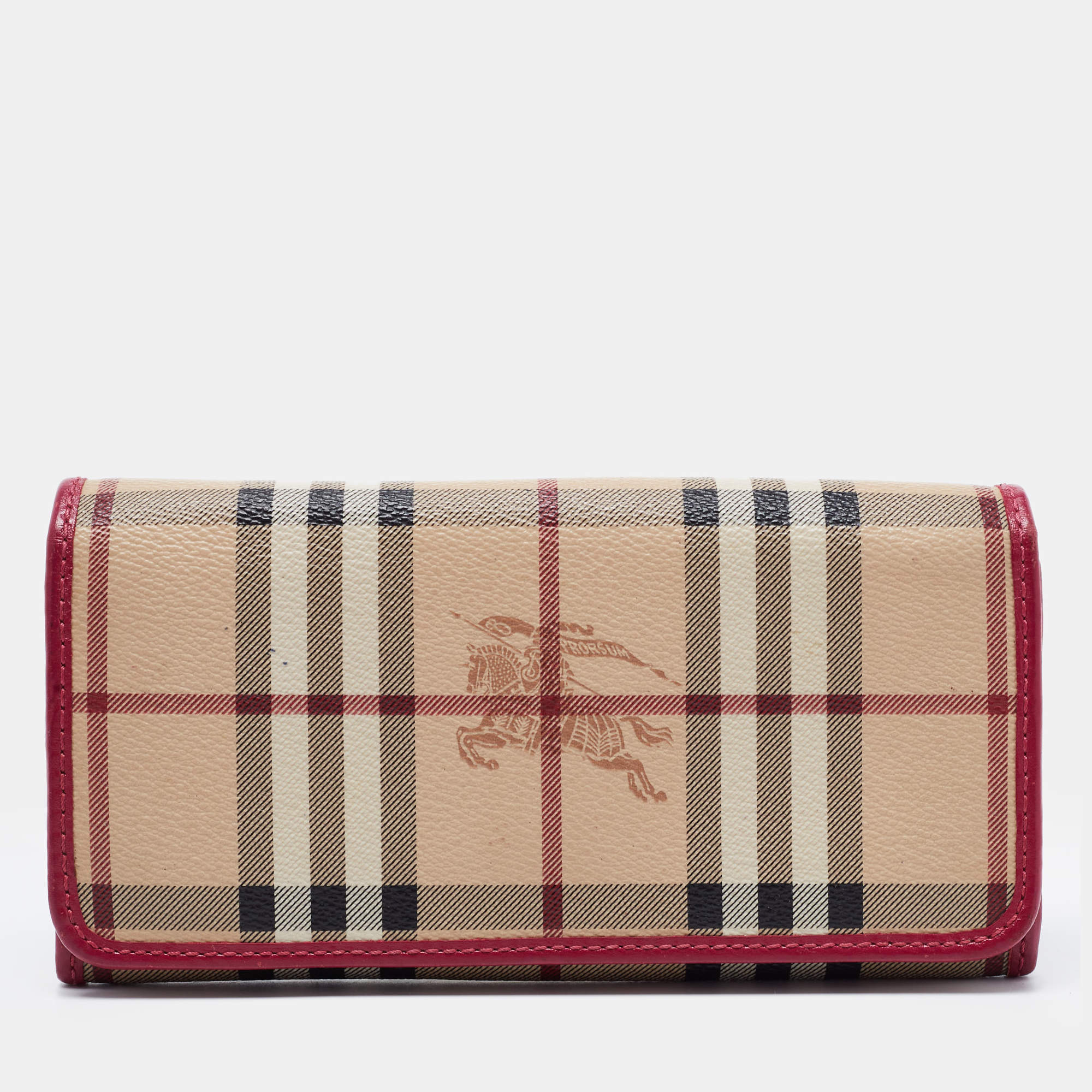 مملوكة مسبقًا Burberry Fuchsia/Beige Haymarket Check Coated Canvas and Leather Flap Continental Wallet