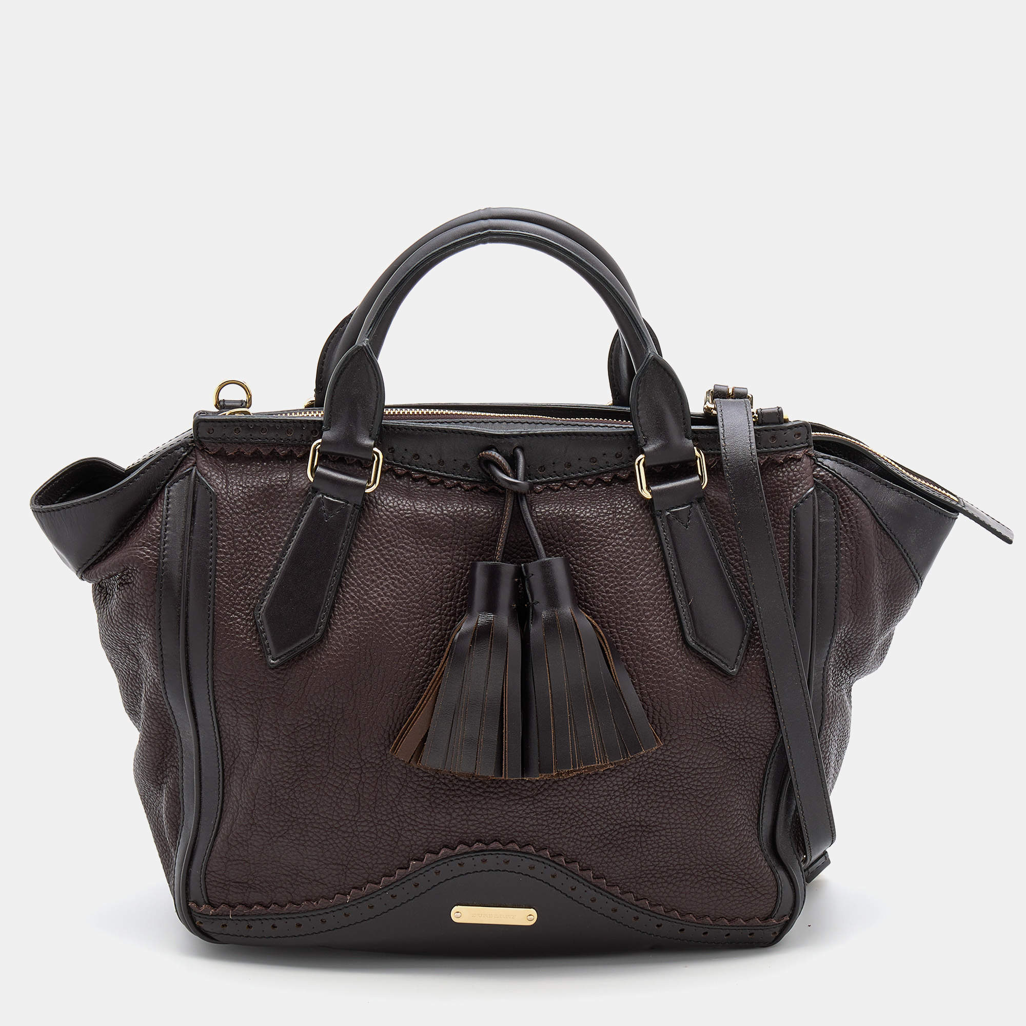 Pre Owned Burberry Burgundy/Brown Leather Tassel Satchel