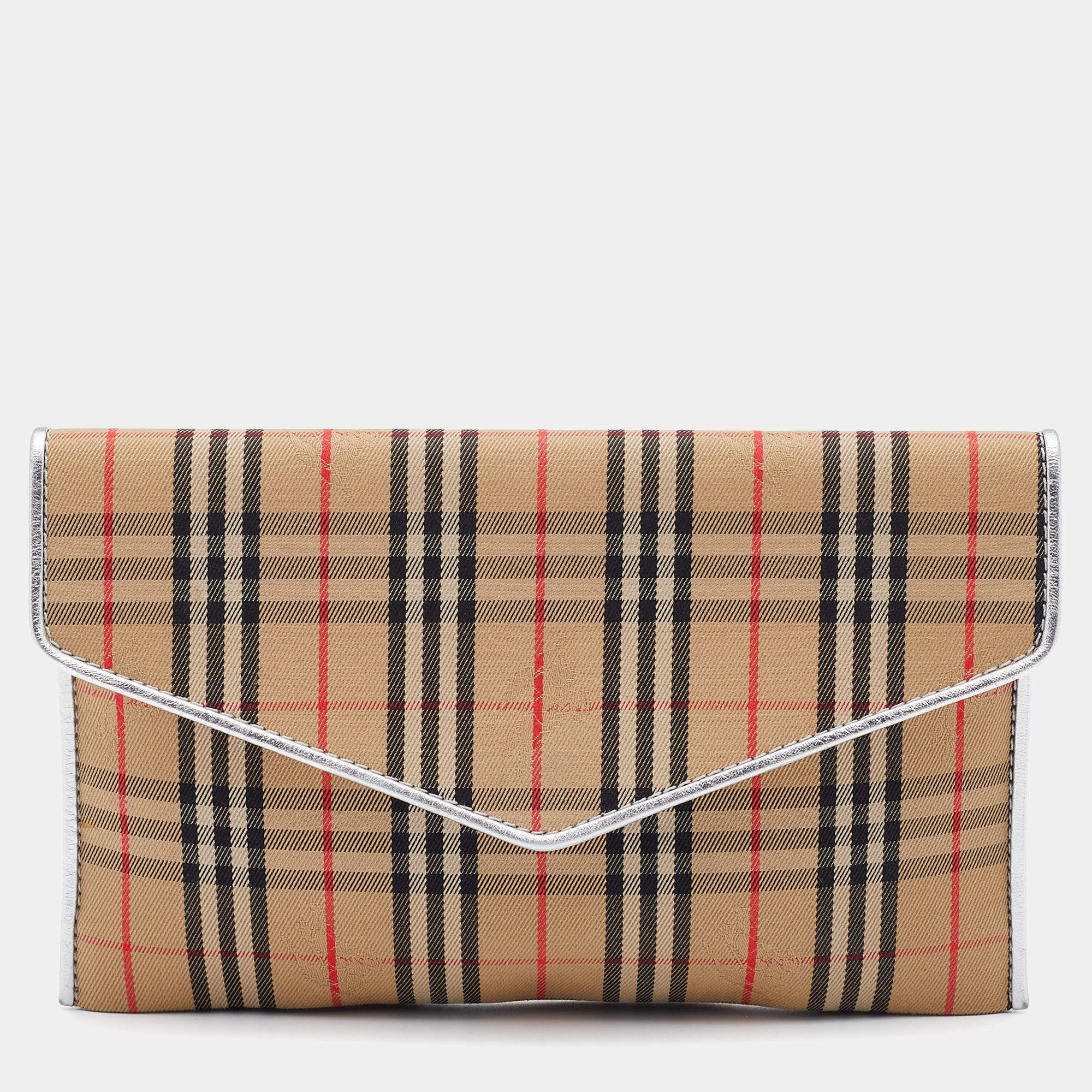 Pre Owned Burberry Beige/Silver Haymarket Canvas and Leather Envelope Flap Wallet