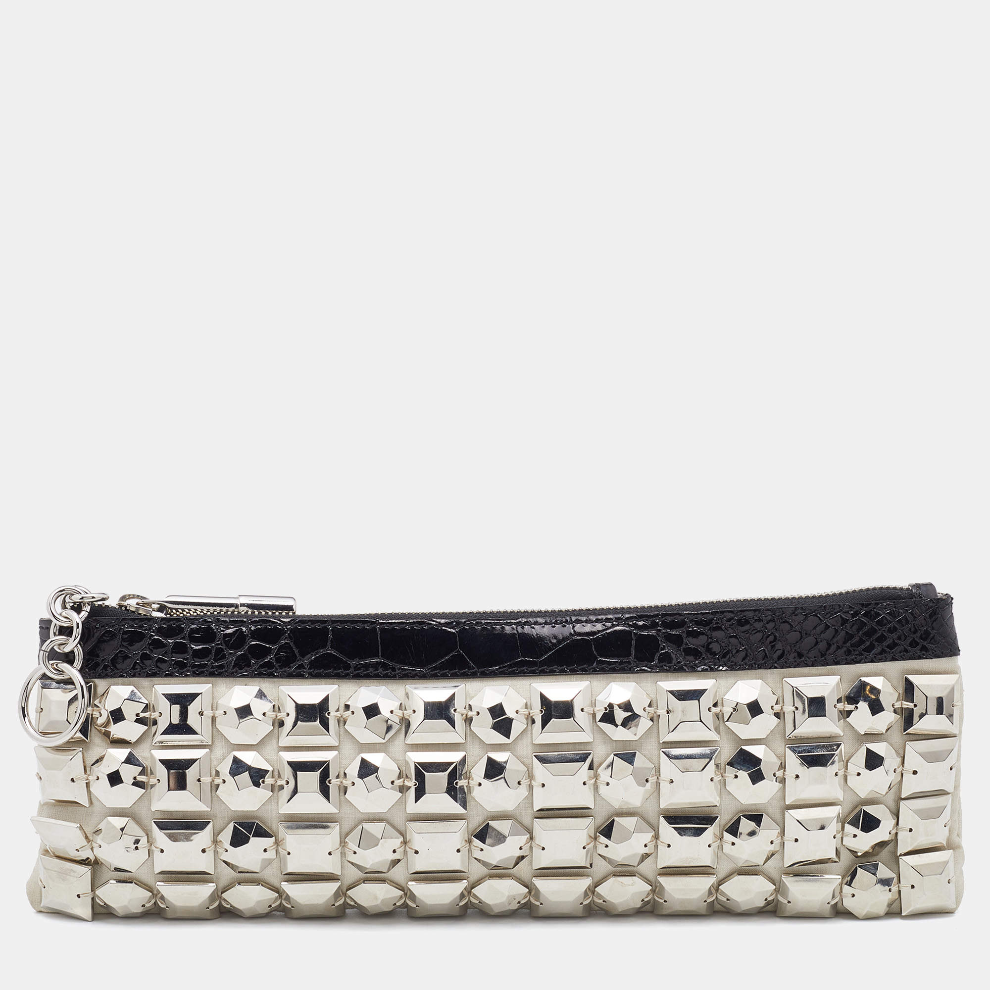 Burberry Off White/Black Fabric and Croc Embossed Patent Leather Embellished Wristlet Clutch