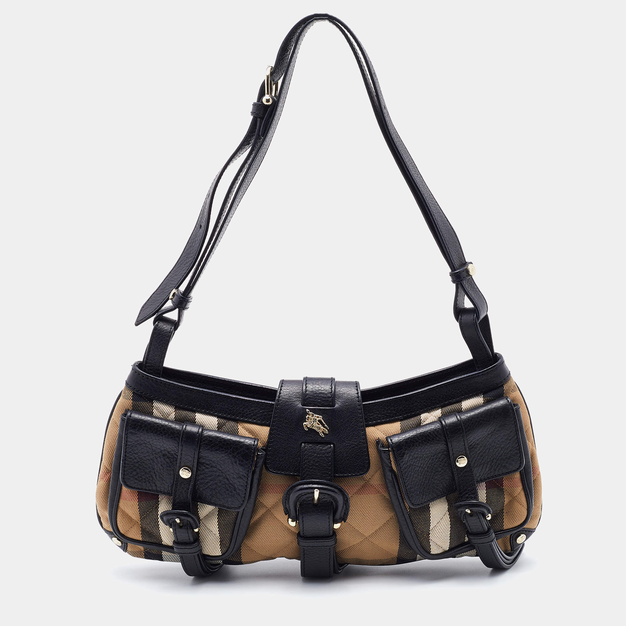 Pre Owned Burberry Beige/Black Quilted House Check Canvas and Leather Shoulder Bag