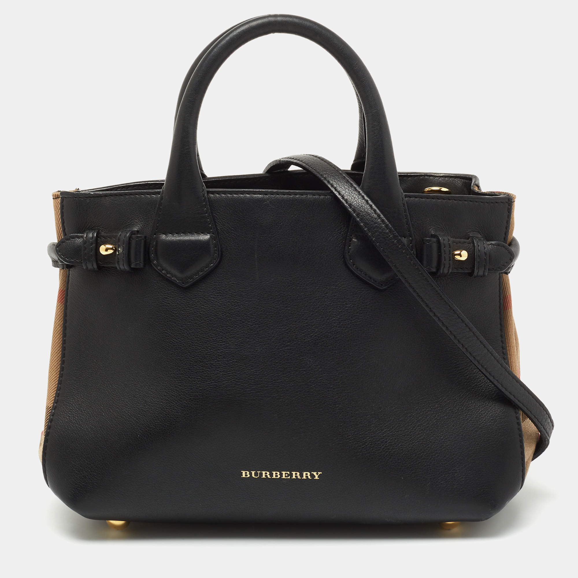 Pre Owned Burberry Black/Beige Leather and House Check Fabric Small Banner Tote