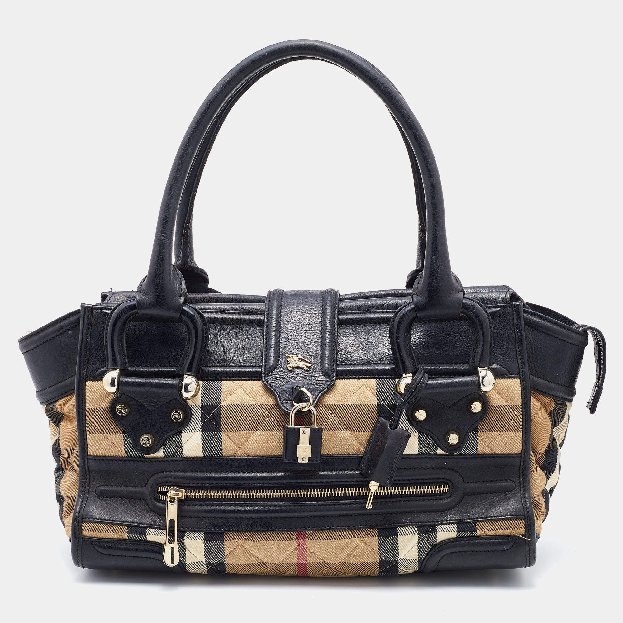 Pre Owned Burberry Beige/Black Quilted Nova Check Canvas and Leather Mini Manor Satchel