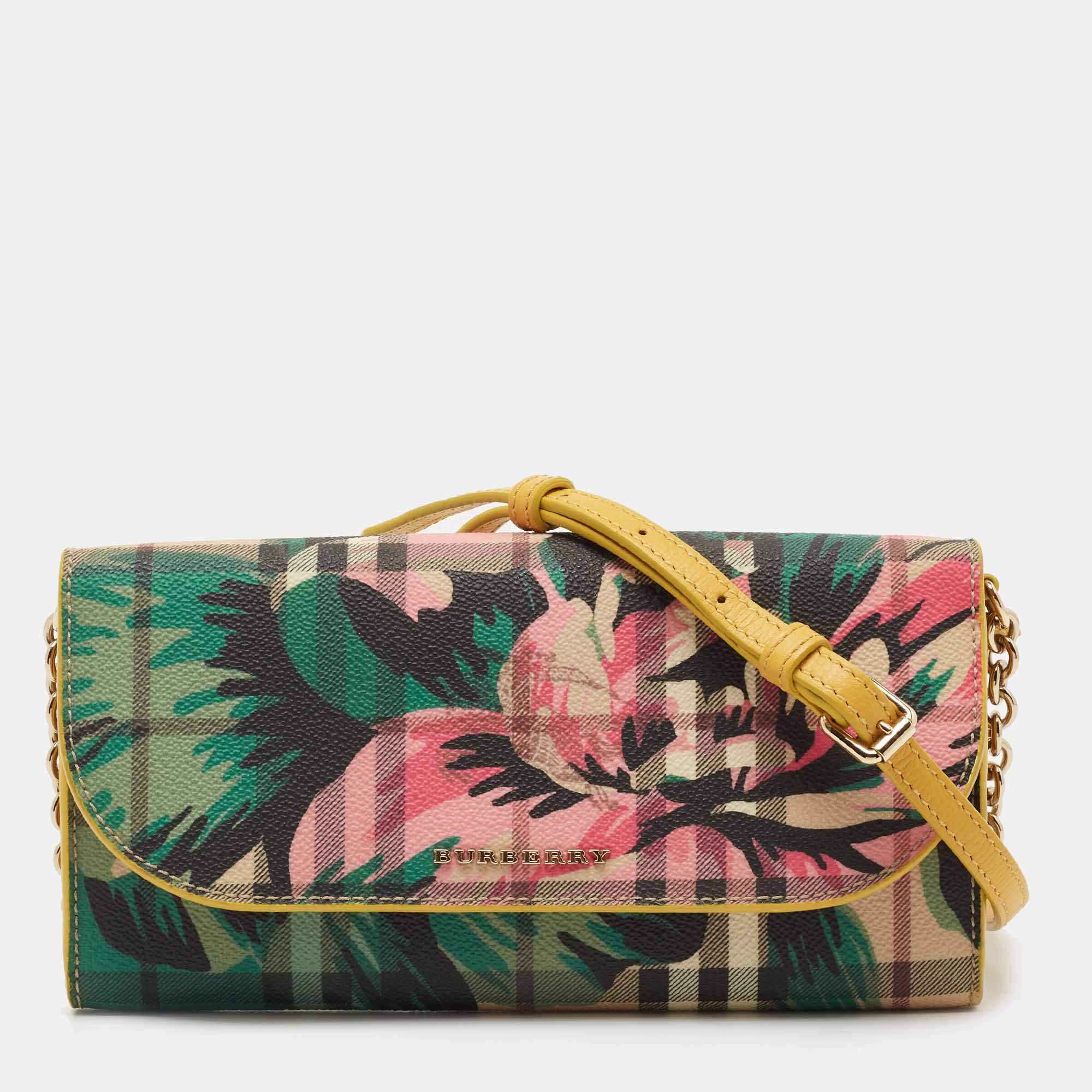 Pre Owned Burberry Multicolor Haymarket Check Floral Coated Canvas and Leather Izzy Wallet on Chain