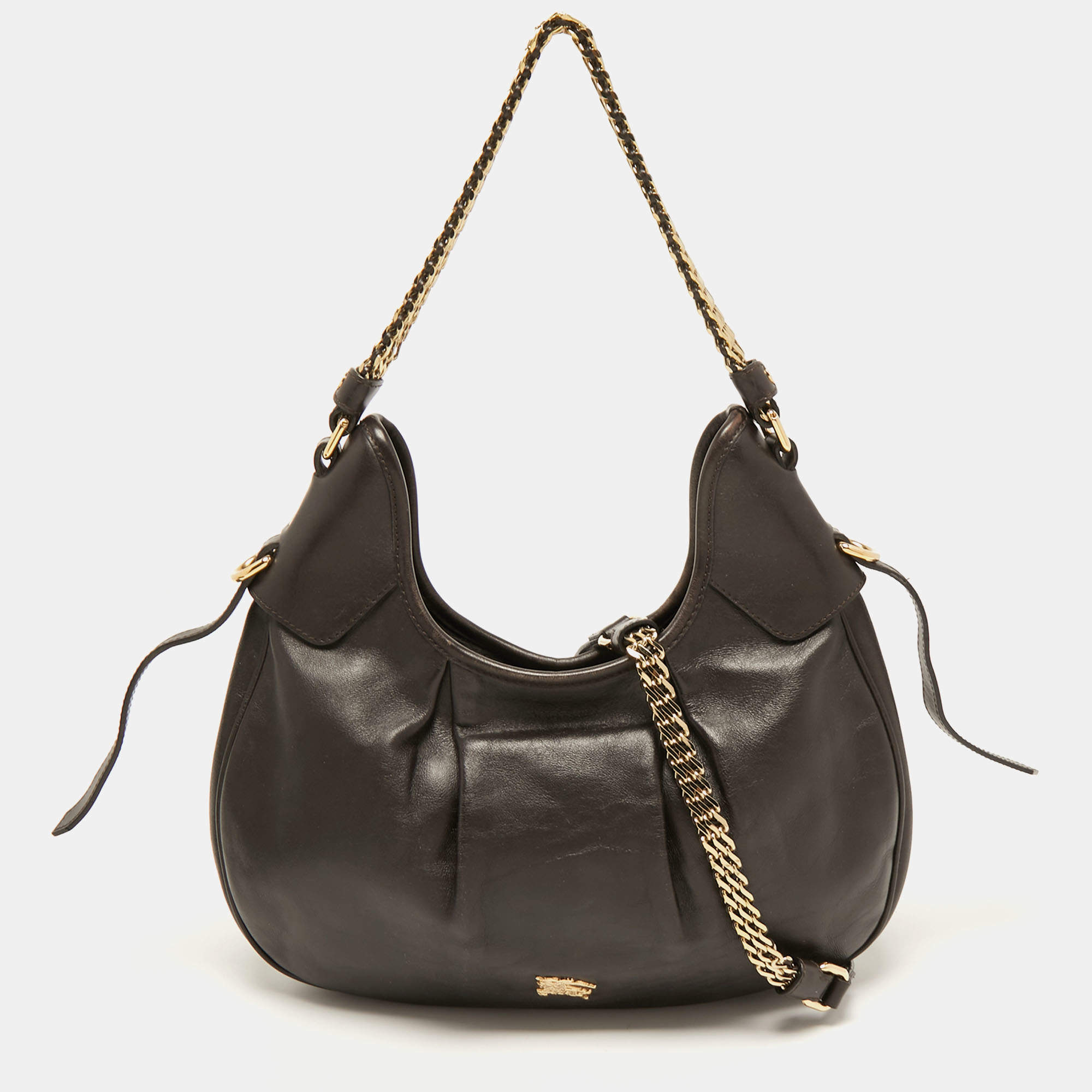 Pre Owned Burberry Dark Brown Leather Brooklyn Chain Hobo