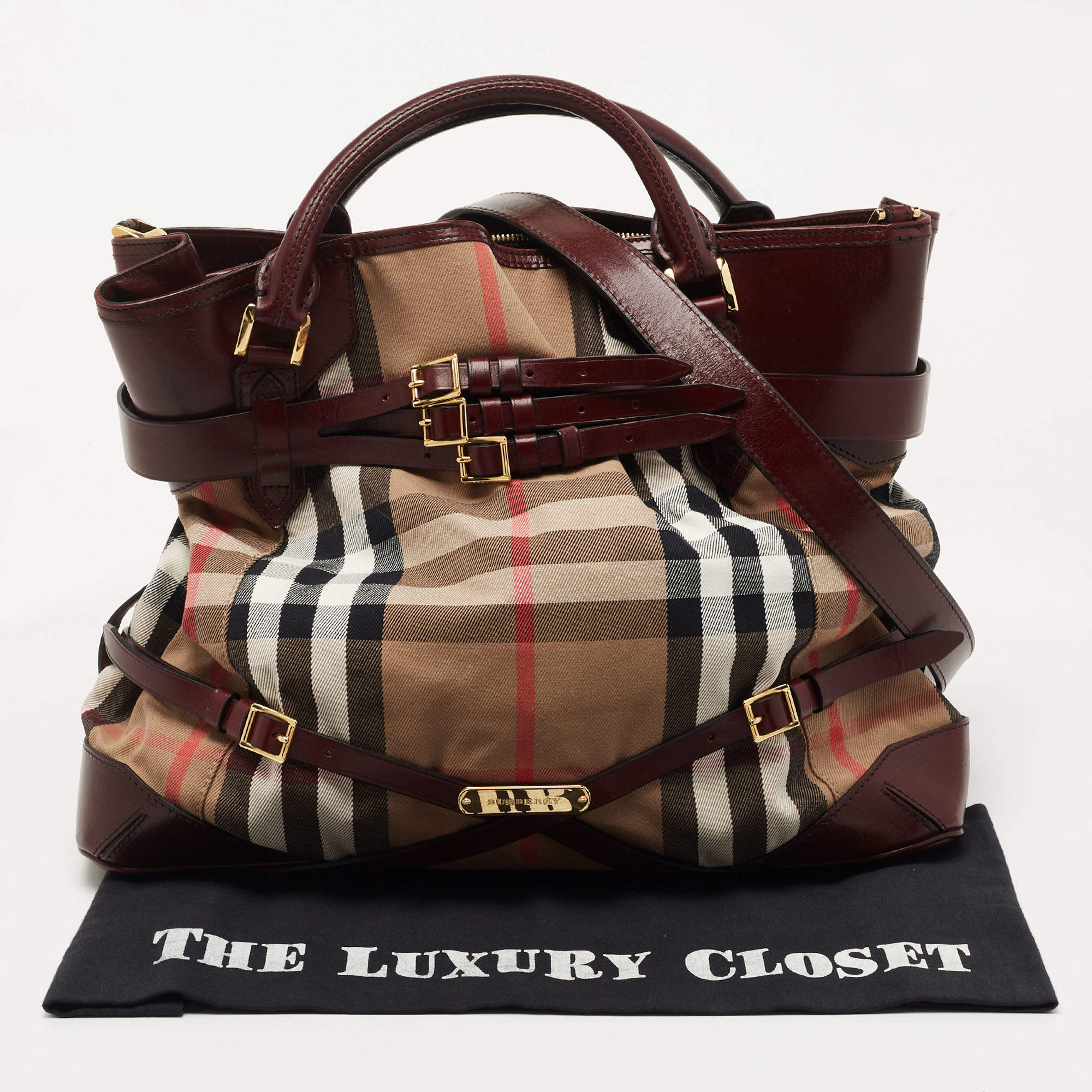 BURBERRY Bridle Calfskin House Check Large Whipstitch Tote Dark Tan 107002